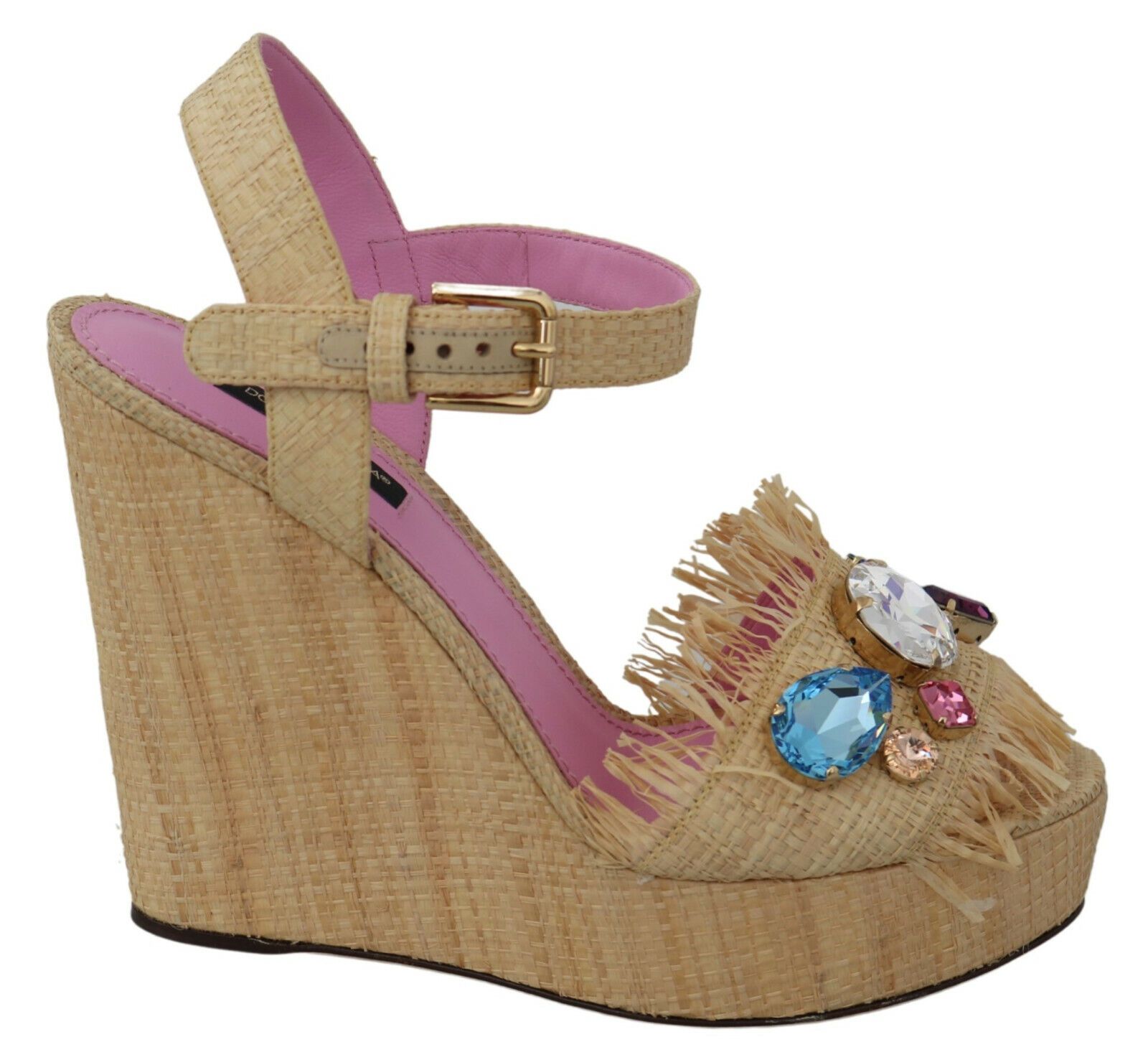 Beige Dolce & Gabbana Beige Rhinestones Wedge Heel Sandals Shoes