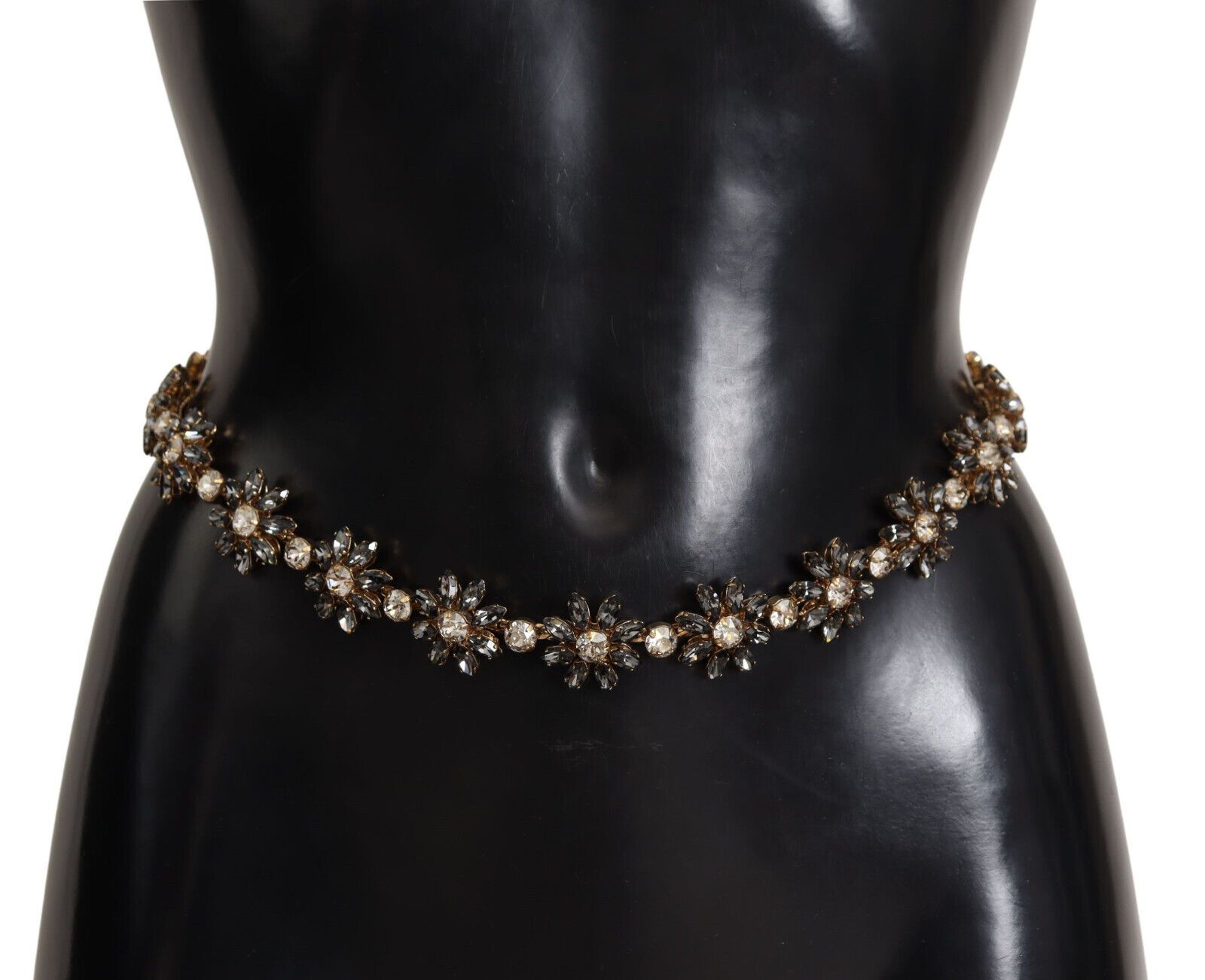 Dolce Gabbana Black Daisy Crystal Dauphine Texture Belt 75 cm 30 Inches