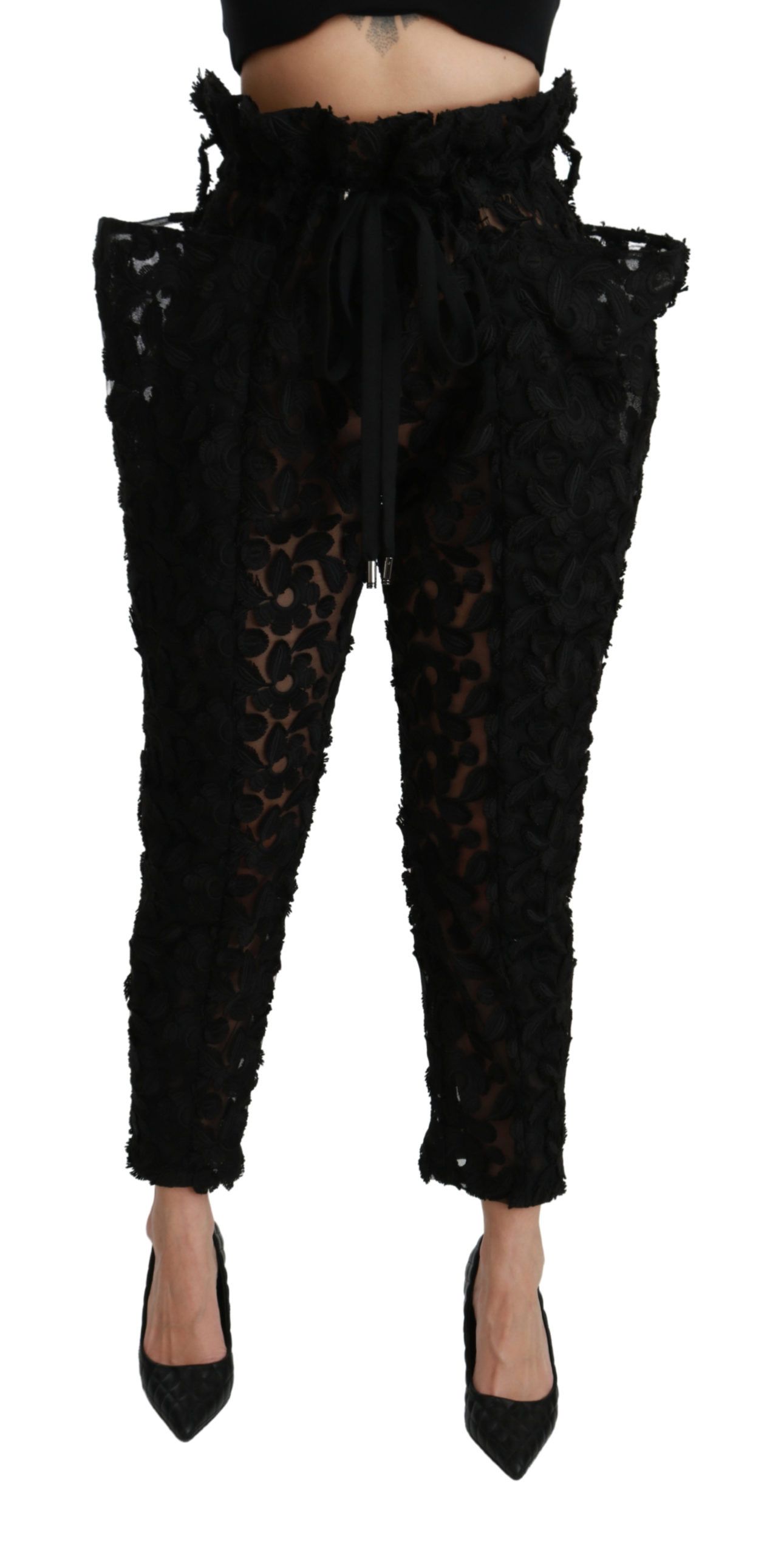 Black Dolce & Gabbana Black Floral Lace Tapered High Waist Pants