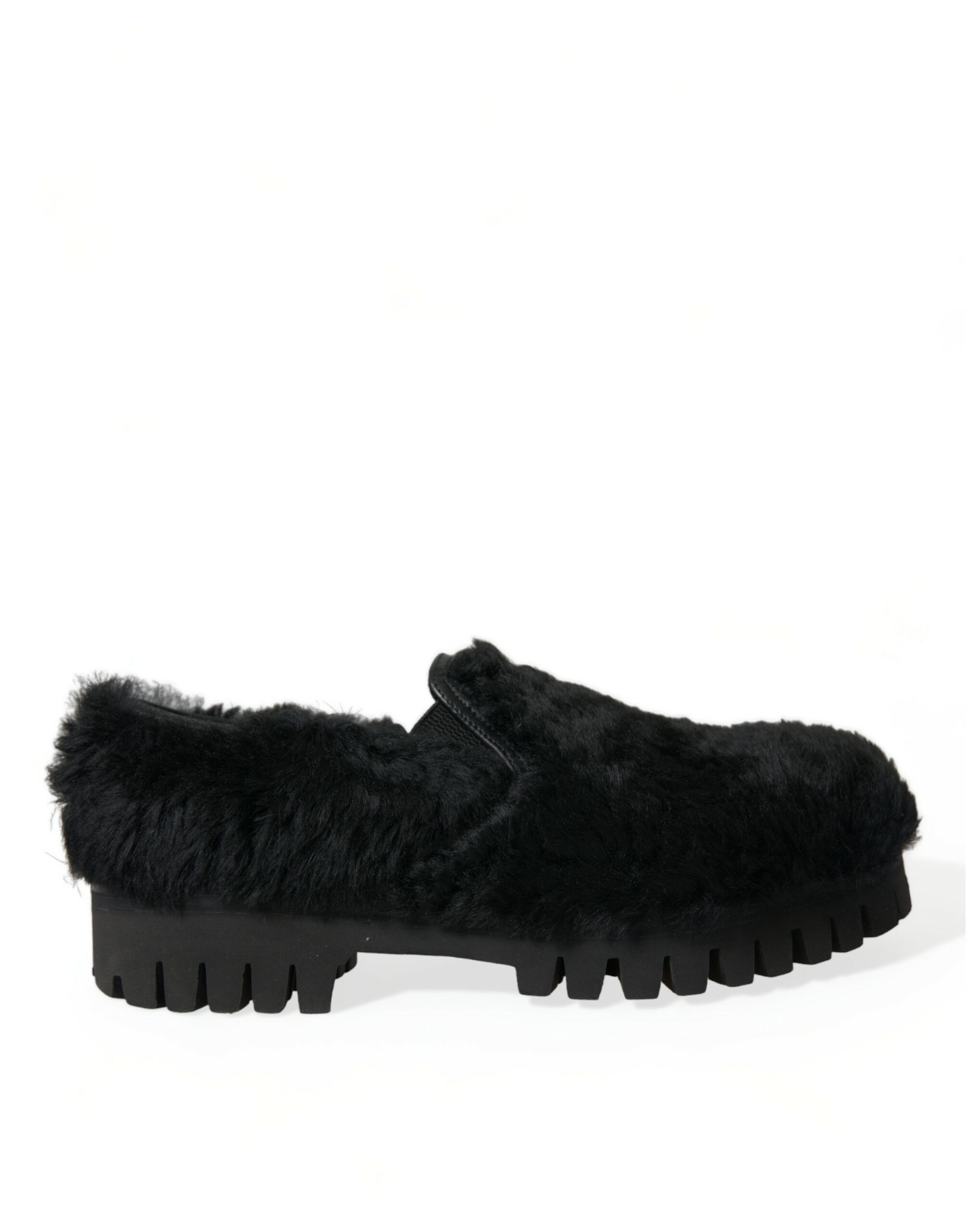 Black Dolce & Gabbana Black Fur Leather Slippers Dress Shoes