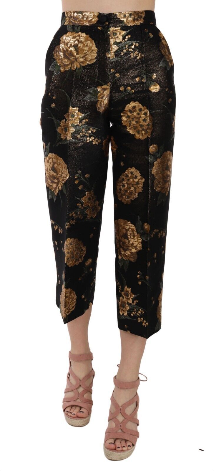 Black Dolce & Gabbana Black Gold Floral Jacquard Cropped Pants