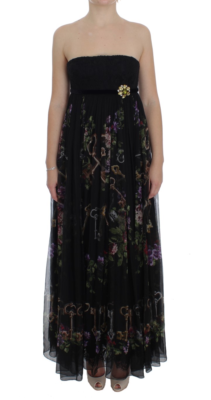 Black Dolce & Gabbana Black Key Print Silk Crystal Brooch Dress