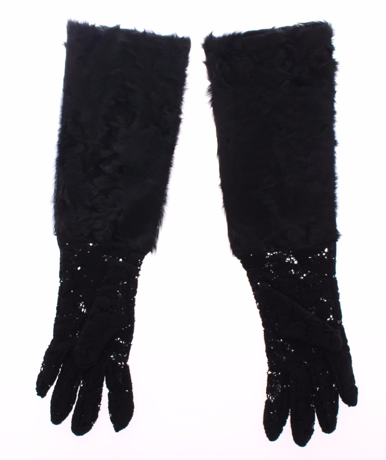 Dolce Gabbana Black Lace Wool Lambskin Fur Elbow Gloves 75