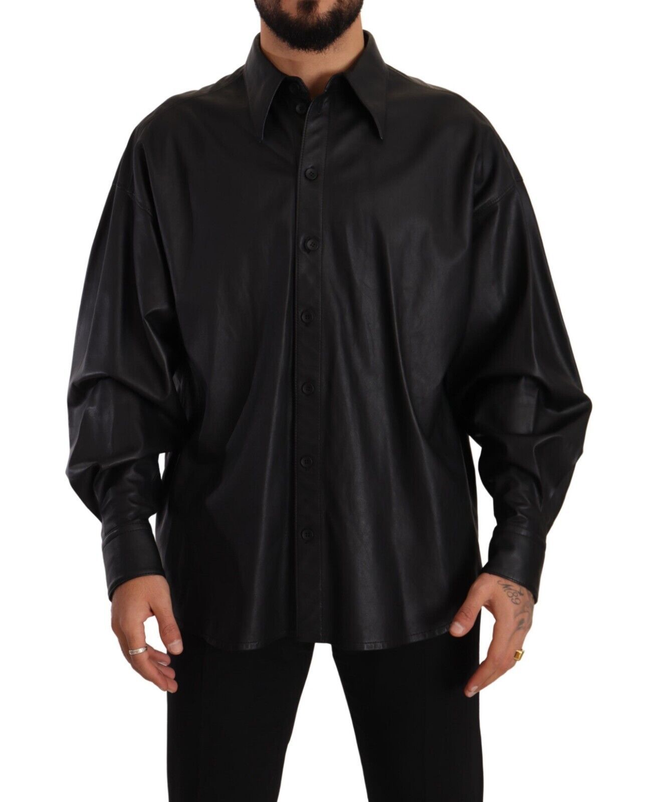 Black Dolce & Gabbana Black Leather Button Down Men Collared Jacket