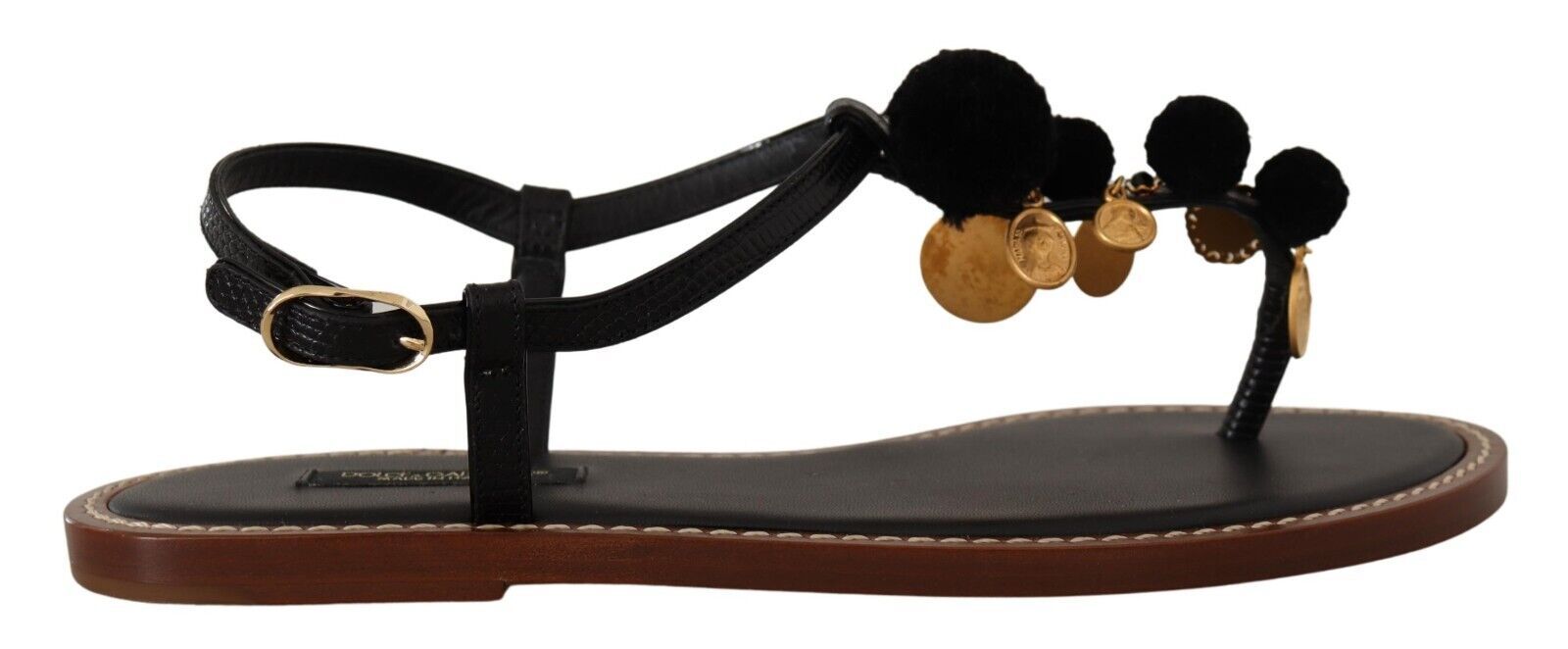 Gold Black Dolce & Gabbana Black Leather Coins Flip Flops Sandals Shoes