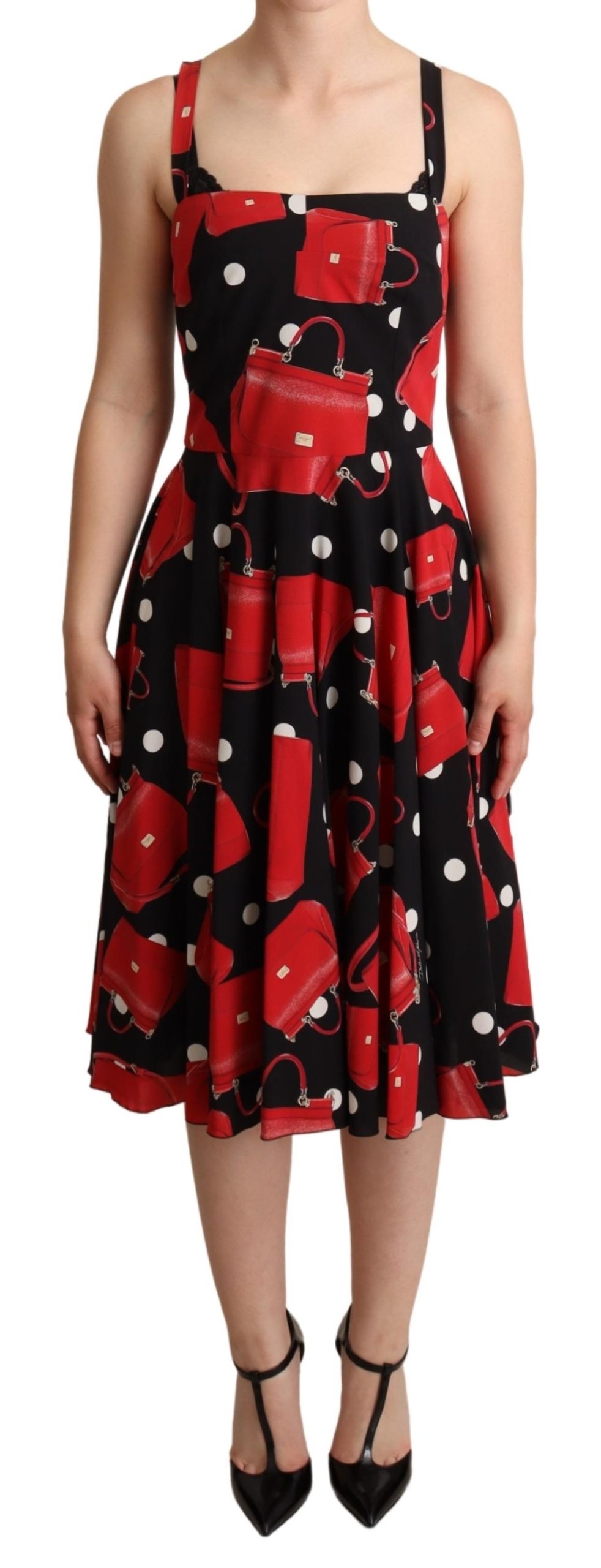 Dolce &amp; Gabbana Dolce & Gabbana Black Red Bag Print A-line Mid Length Dress IT40