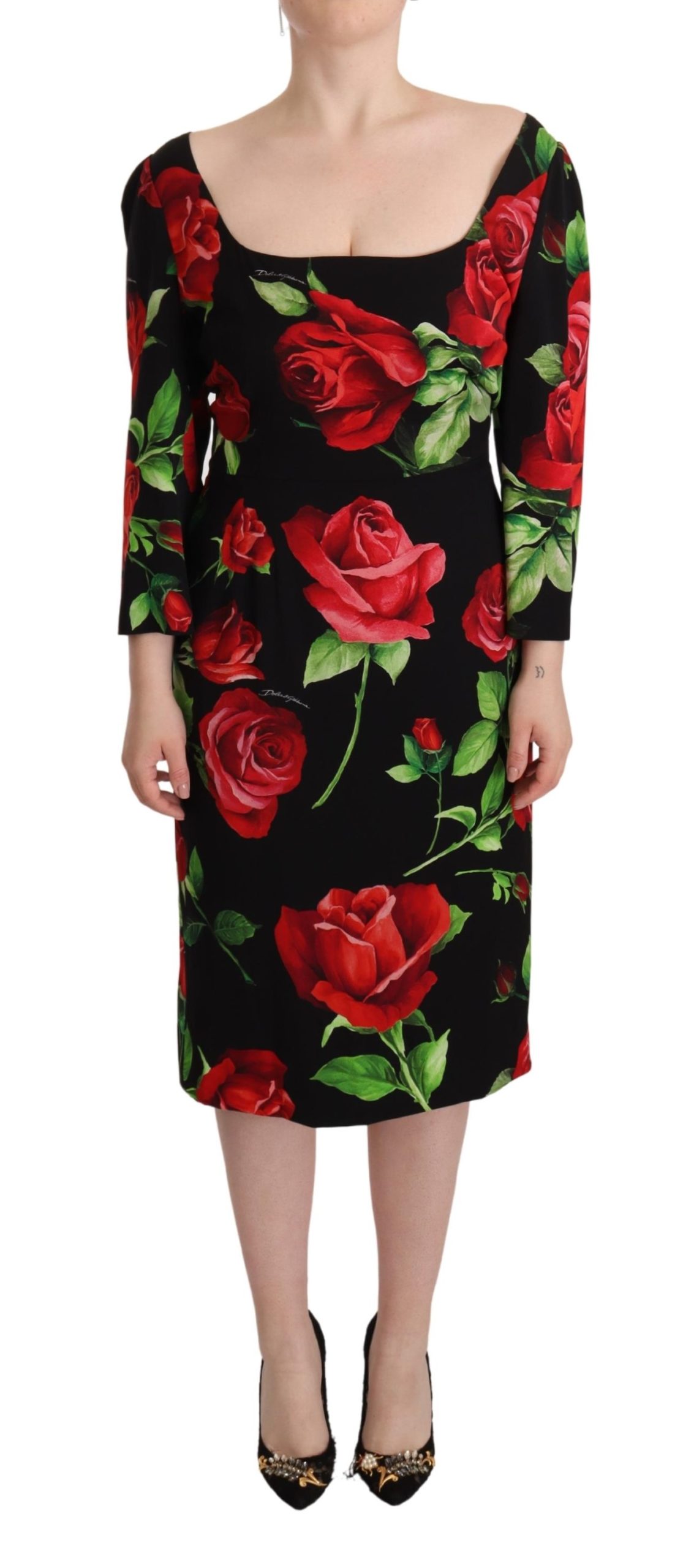 Dolce &amp; Gabbana Dolce & Gabbana Black Red Roses Sheath Stretch Silk Dress IT36