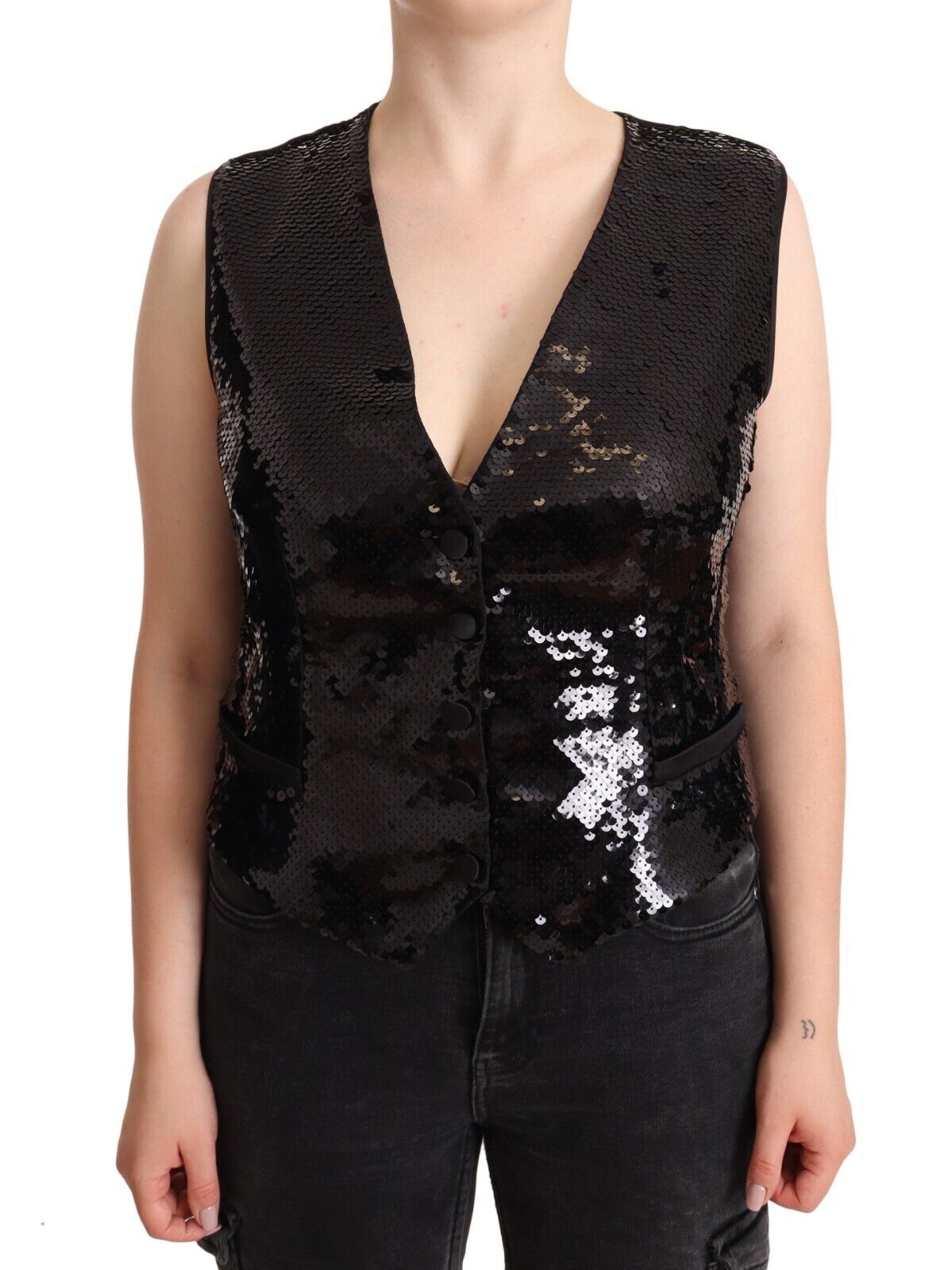 Black Dolce & Gabbana Black Sequin V-Neck Sleeveless Vest Tank Top