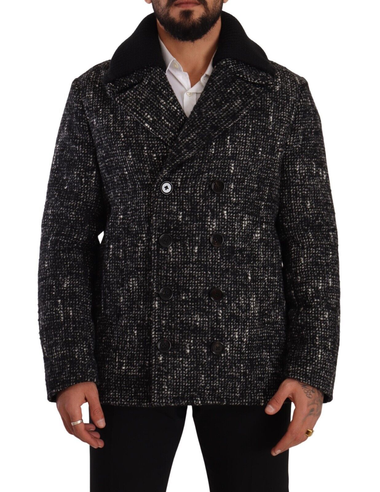 Black and Gray Dolce & Gabbana Black Wool Double Breasted Coat Men Jacket