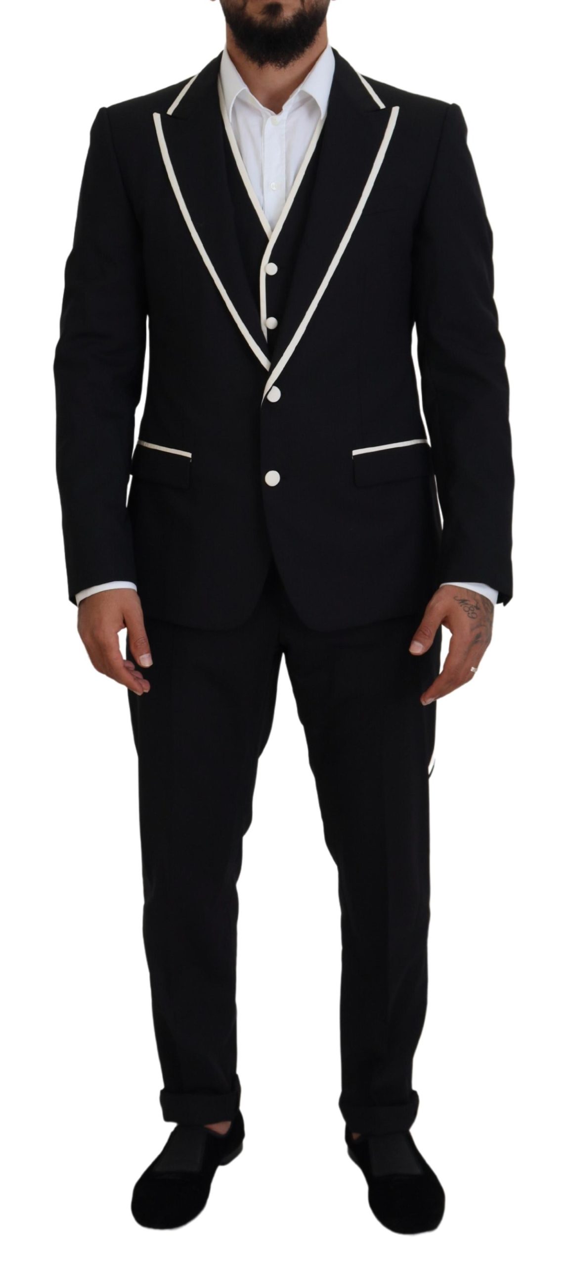 Black Dolce & Gabbana Black Wool White Silk Slim Fit Suit