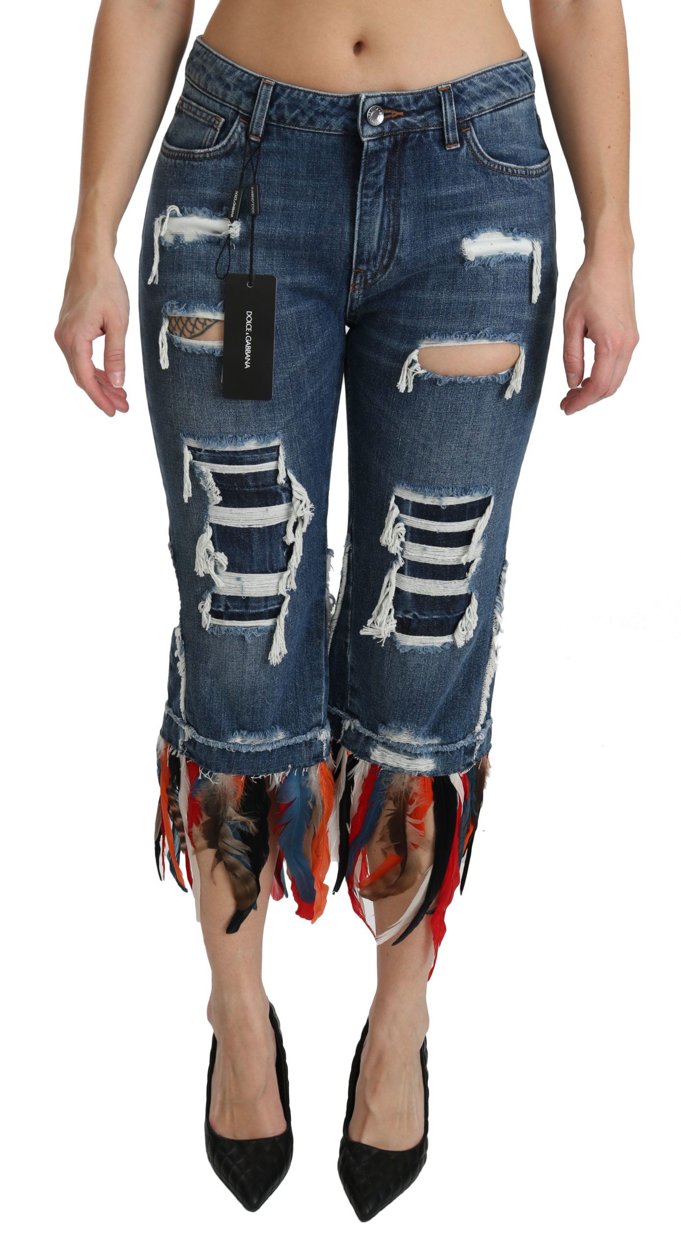 Blue Dolce & Gabbana Blue Feathers Low Waist Cropped Cotton Jeans