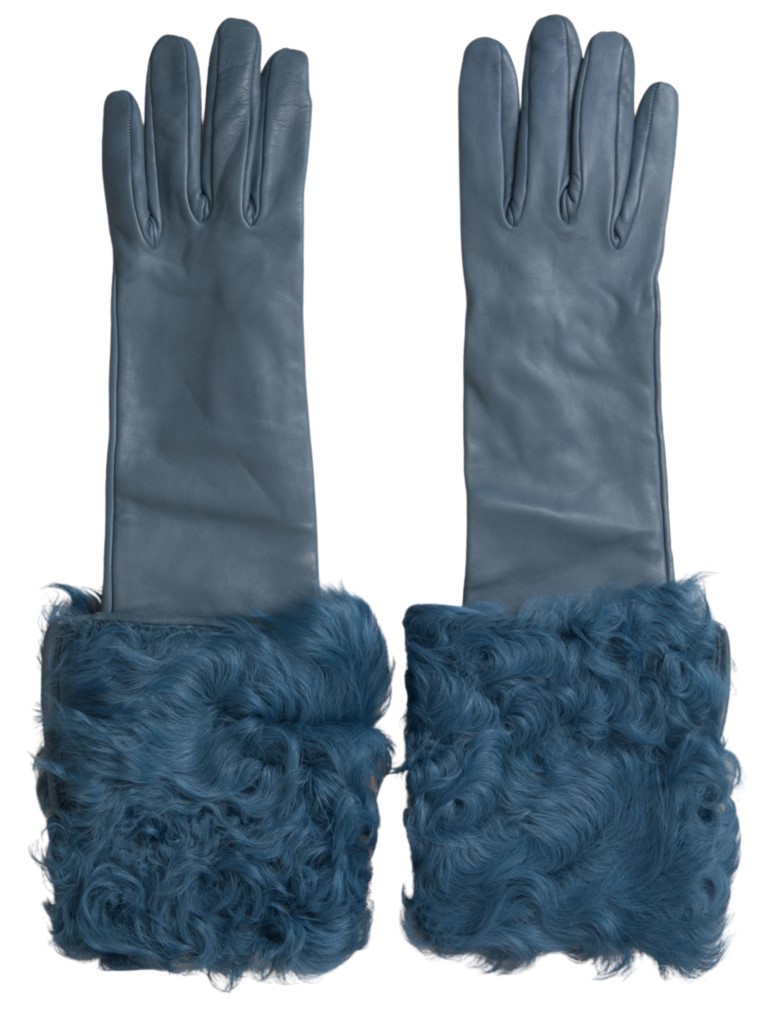 Dolce Gabbana Blue Leather Fur Mid Arm Length Gloves 7