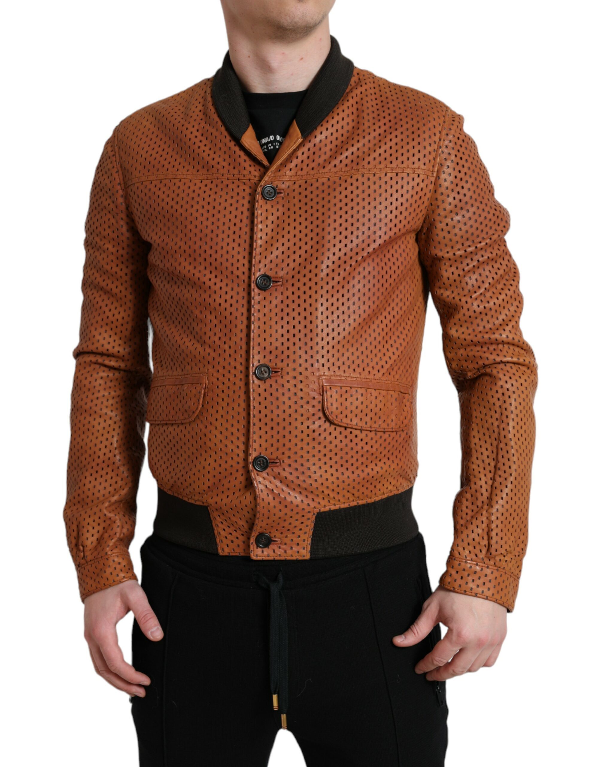 Brown Dolce & Gabbana Brown Lambskin Leather Perforated Jacket