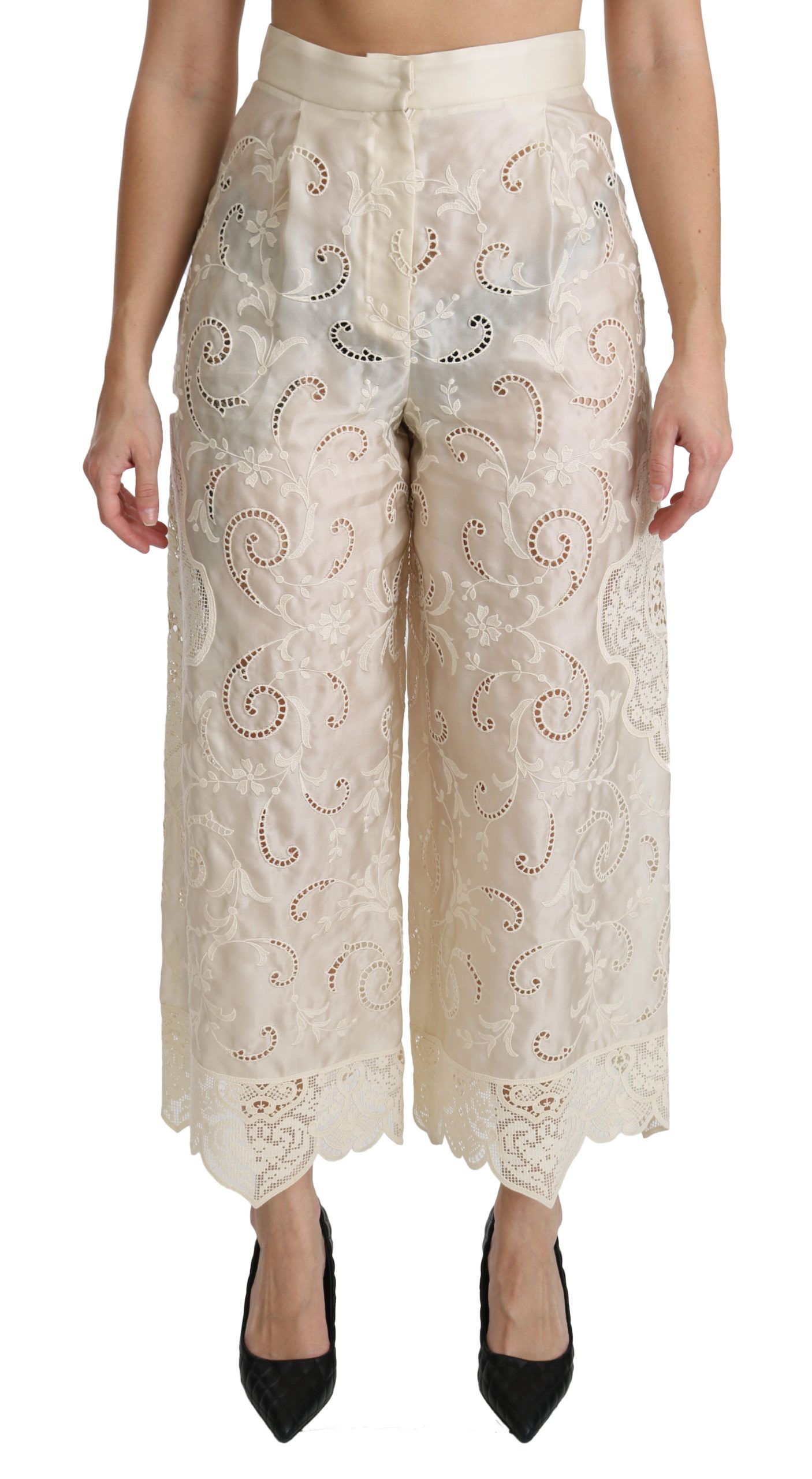 Cream Dolce & Gabbana Cream Lace High Waist Palazzo Cropped Pants