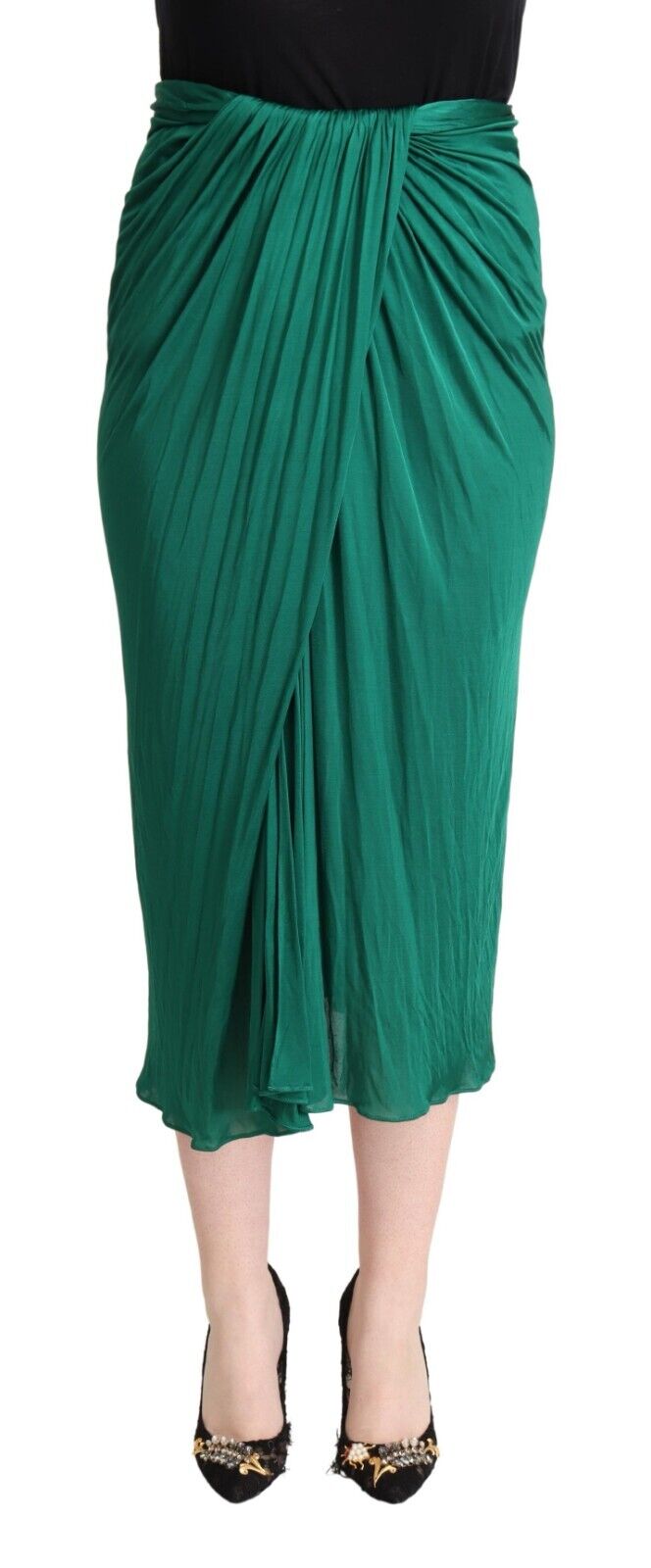 Green Dolce & Gabbana Dark Green High Waist Midi Pencil Cut Pleated Skirt