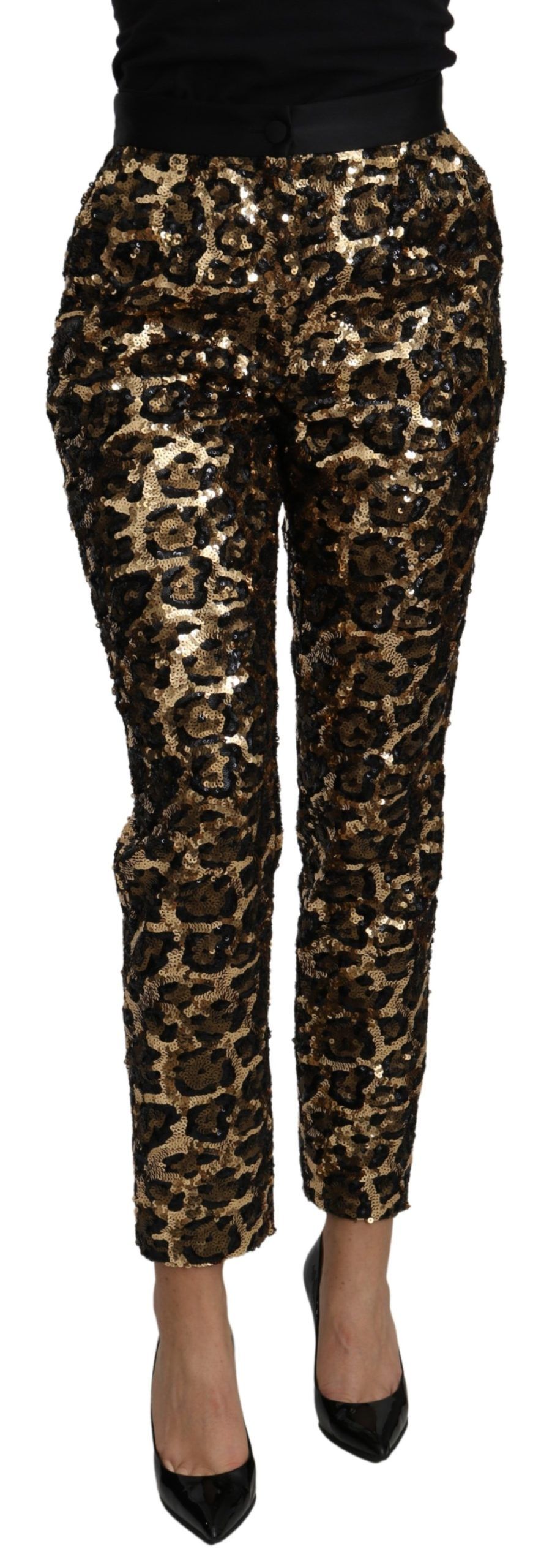 Gold Dolce & Gabbana Gold Brown Leopard Sequined High Waist Pants