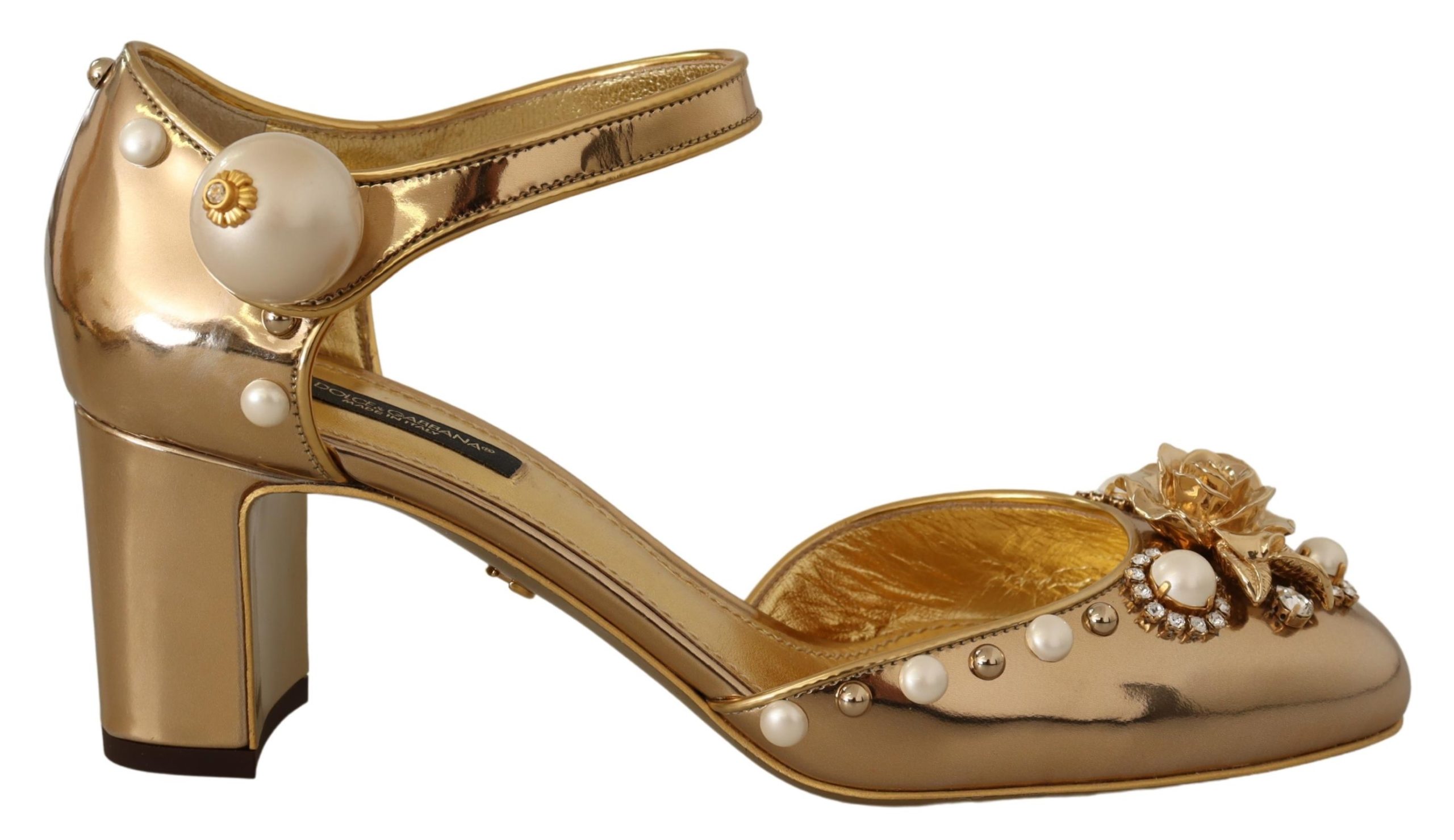 Gold Dolce & Gabbana Gold Leather Studded Crystal Ankle Strap Shoes EU37/US6.5