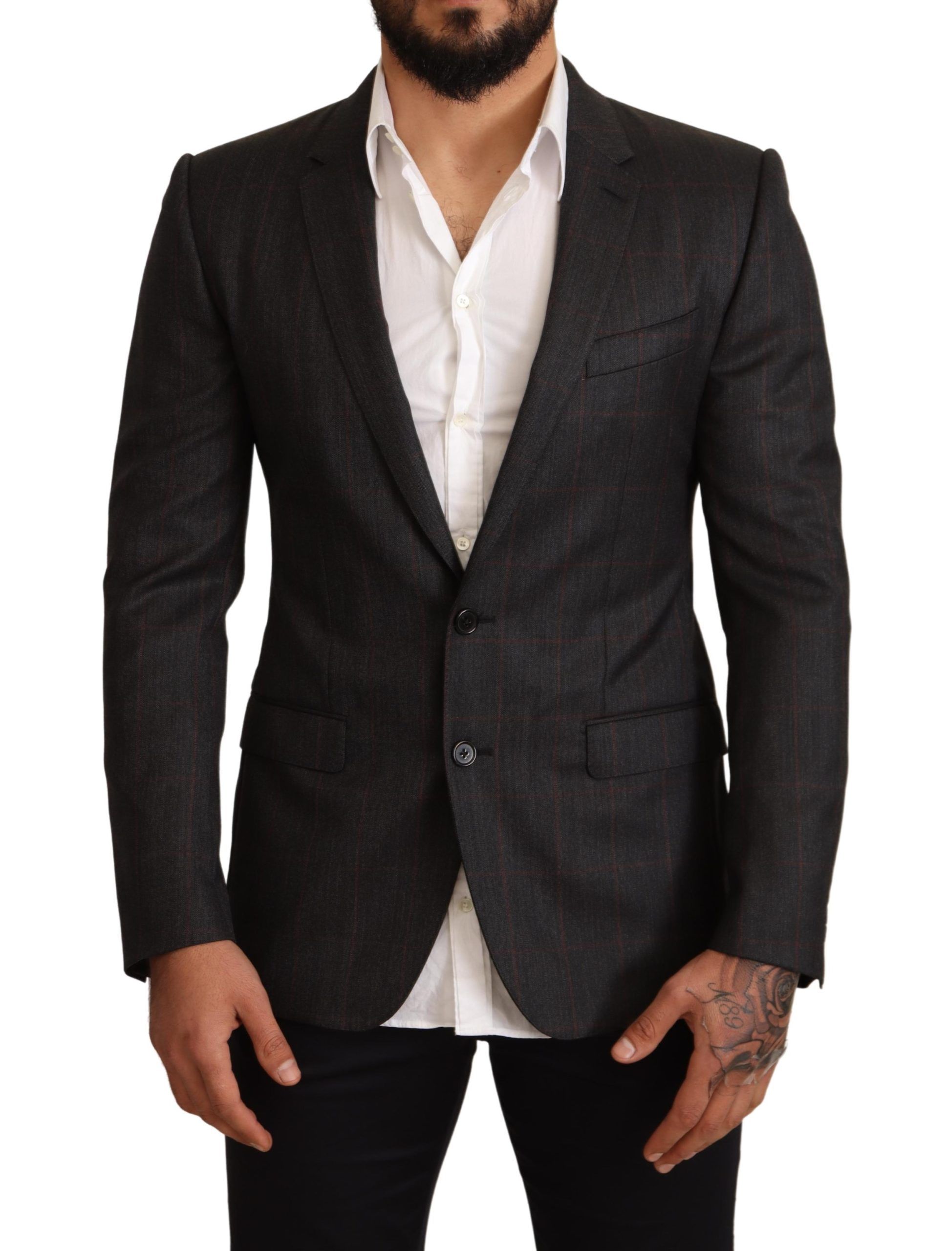 Gray Dolce & Gabbana Gray Check Wool Slim Fit Blazer Jacket
