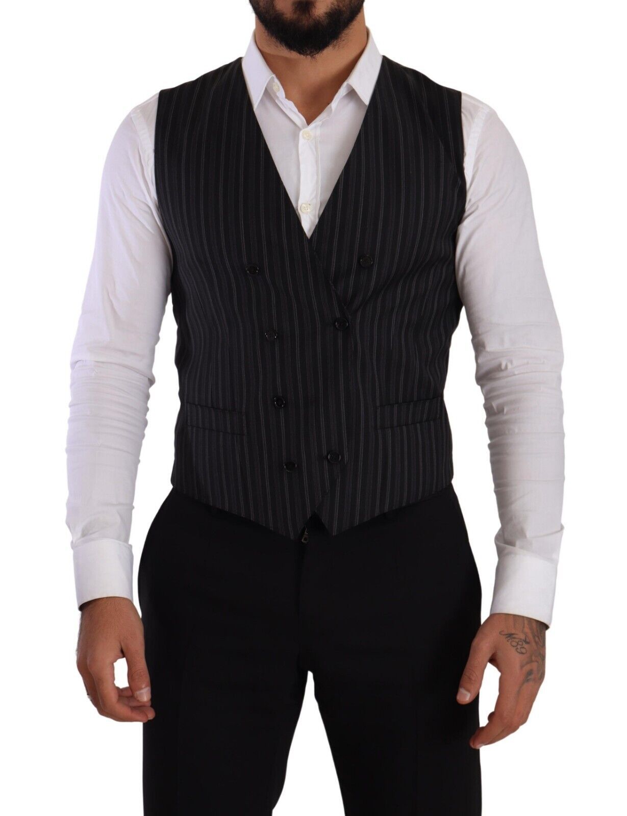 Black and Gray Dolce & Gabbana Gray Striped Double Breasted Waistcoat Vest