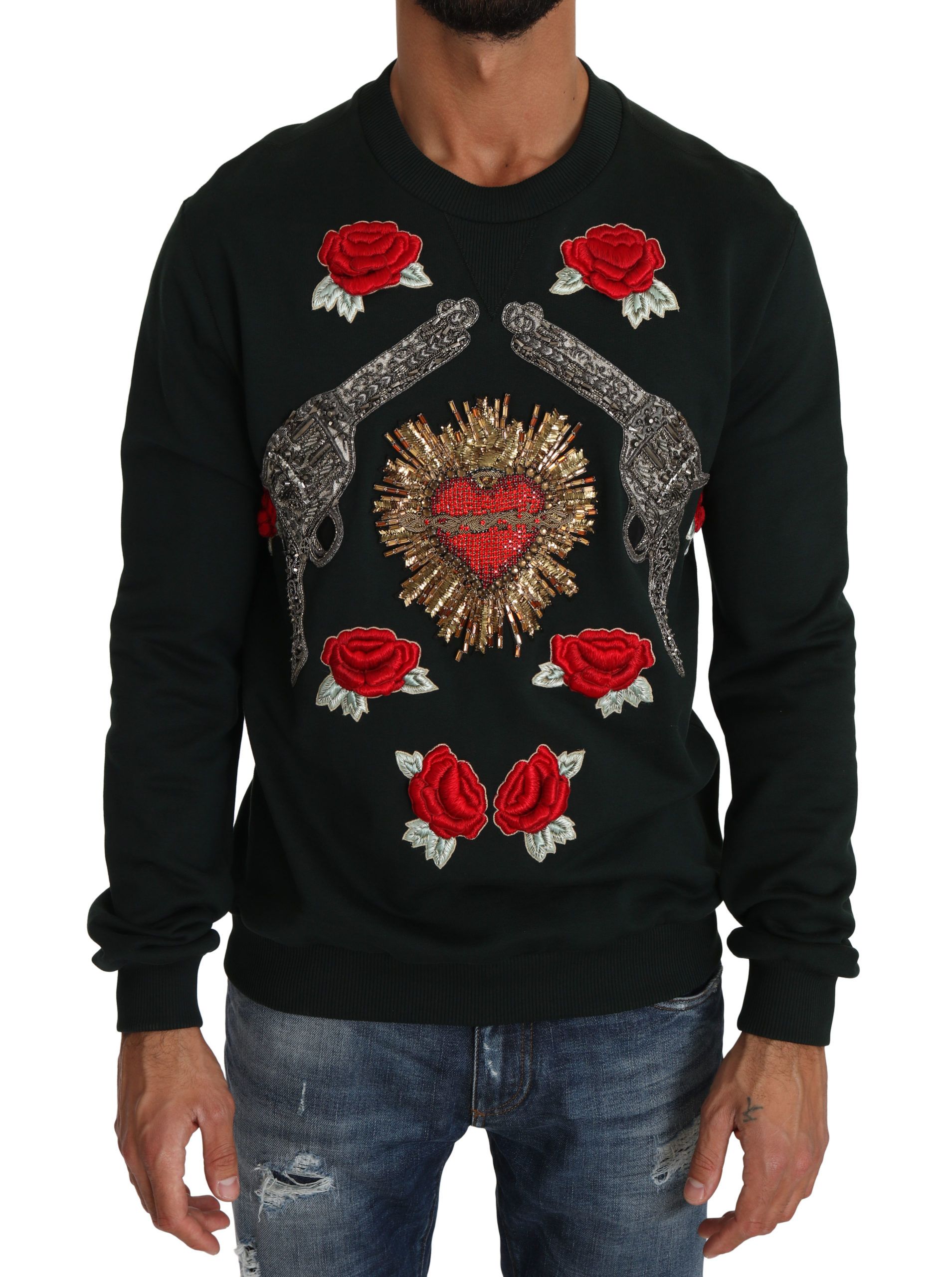 Green Dolce & Gabbana Green Crystal Heart Roses Gun Sweater