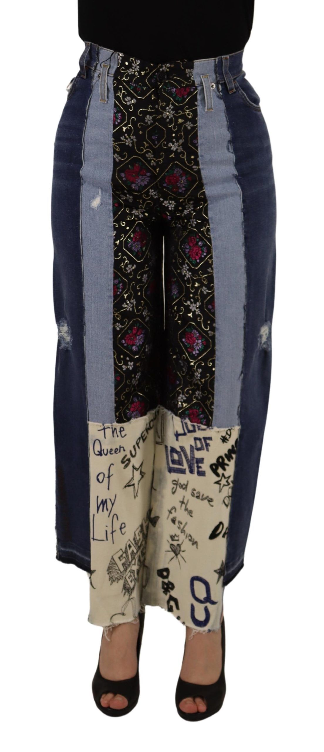 Multicolor Dolce & Gabbana Multicolor Patchwork DG Fashion Wide Leg Denim Pant