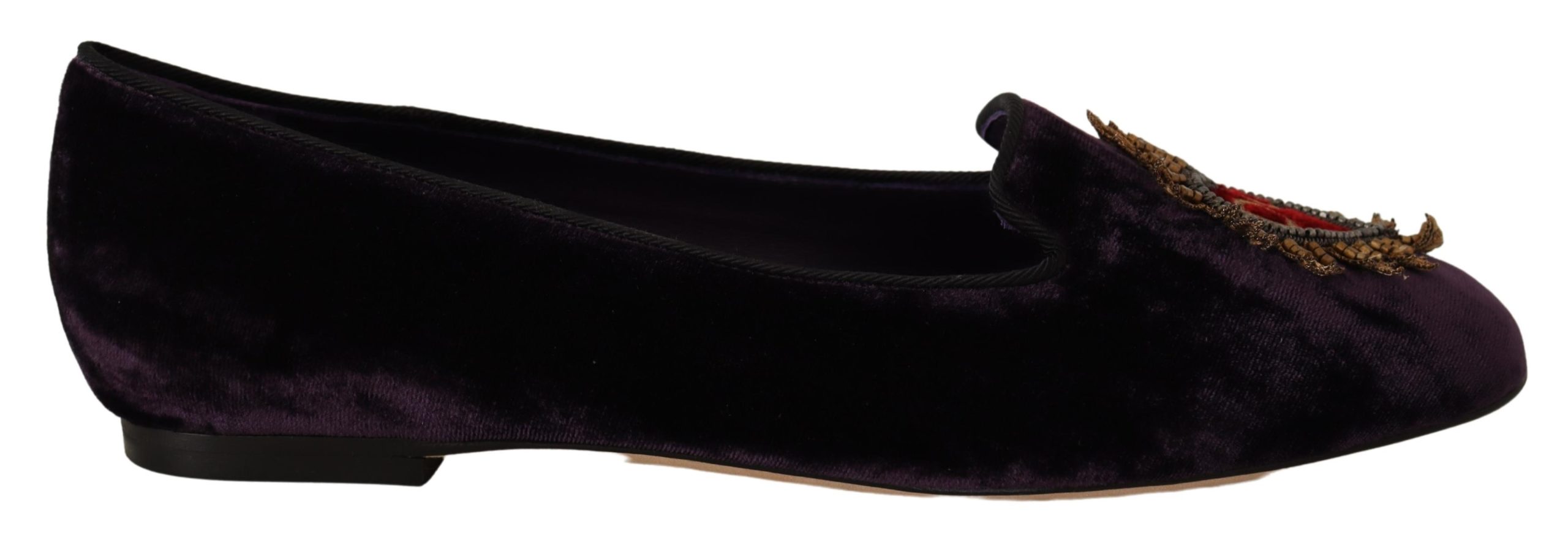 Purple Dolce & Gabbana Purple Velvet DG Heart Loafers Flats Shoes EU35/US4.5