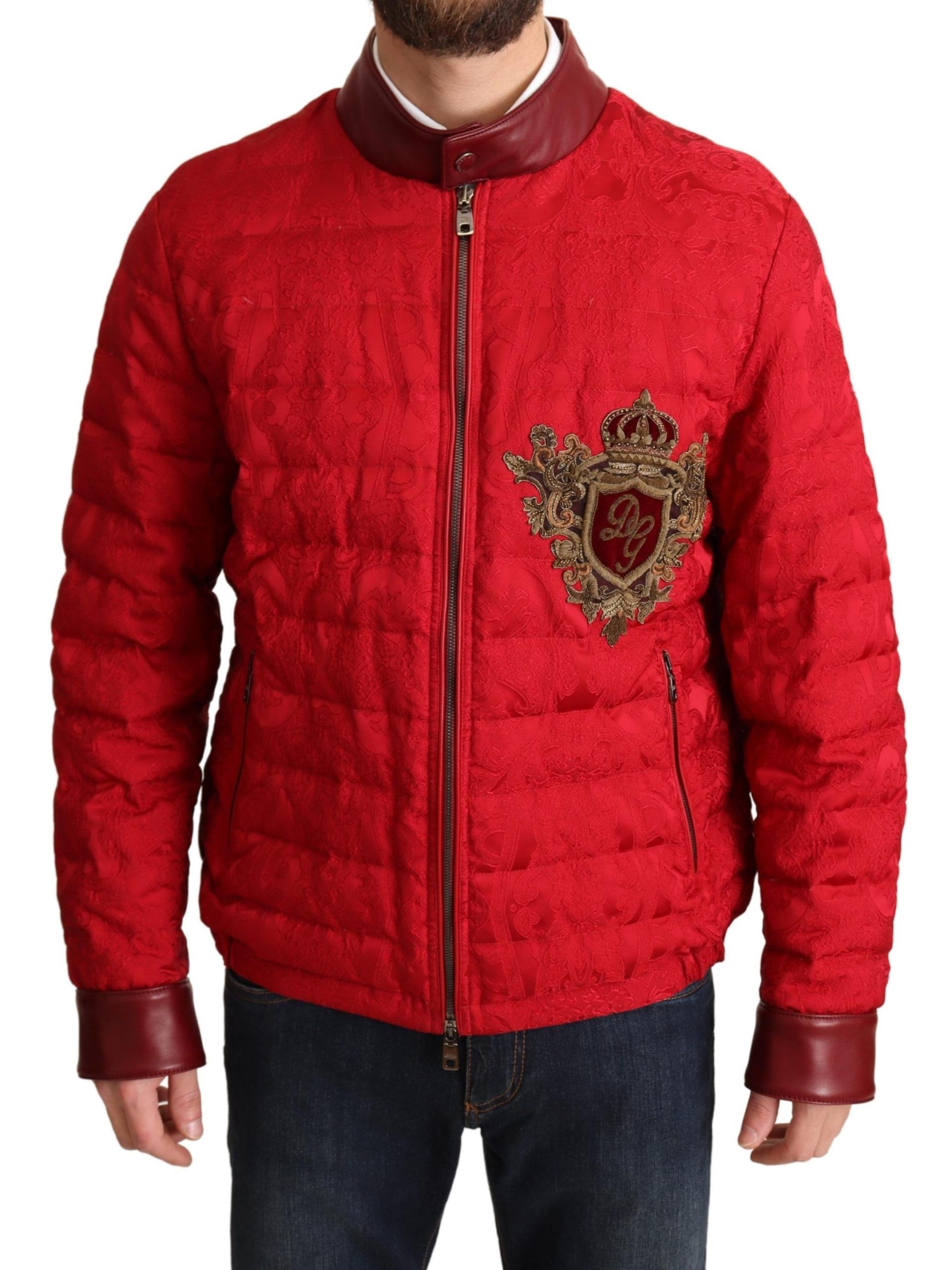 Red Dolce & Gabbana Red Brocade Bomber Gold Crown Logo Coat Jacket