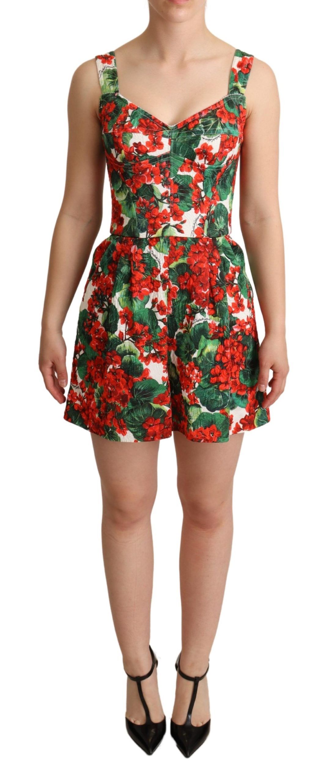 Red Dolce & Gabbana Red Geranium Print Shorts Jumpsuit Dress