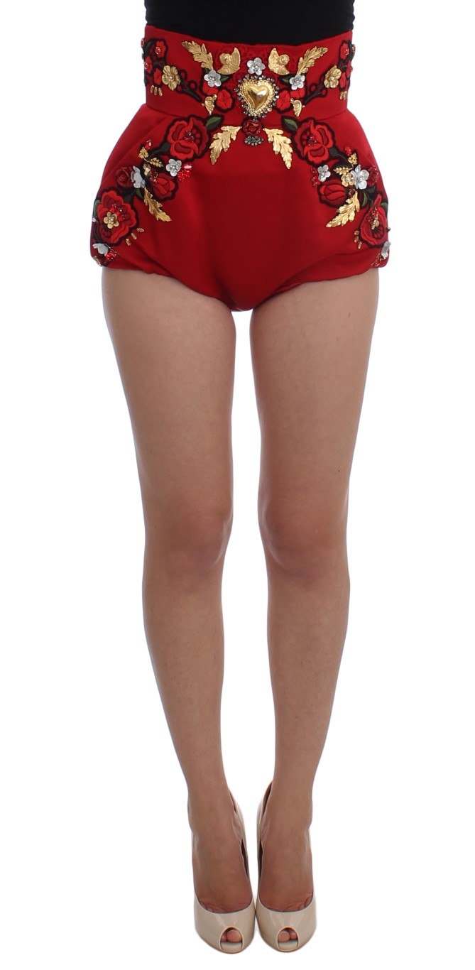 Red Dolce & Gabbana Red Silk Crystal Roses Shorts