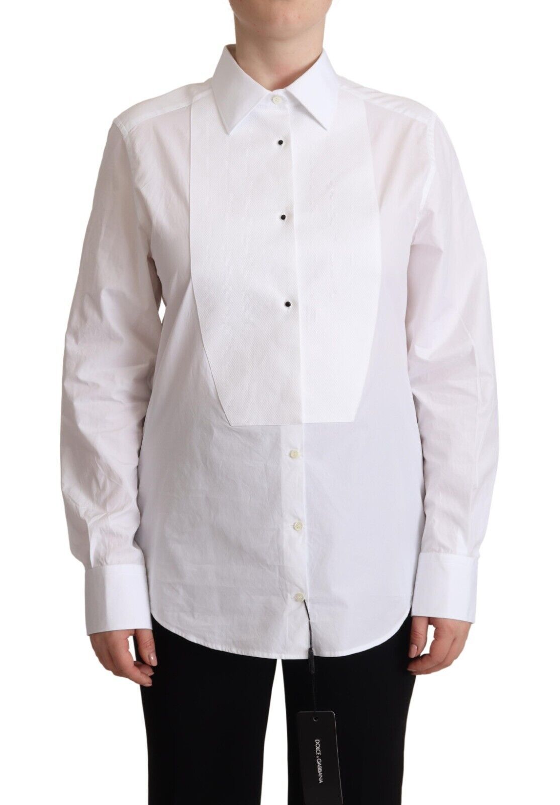 White Dolce & Gabbana White Cotton Dress Collared Long Sleeves Shirt Top