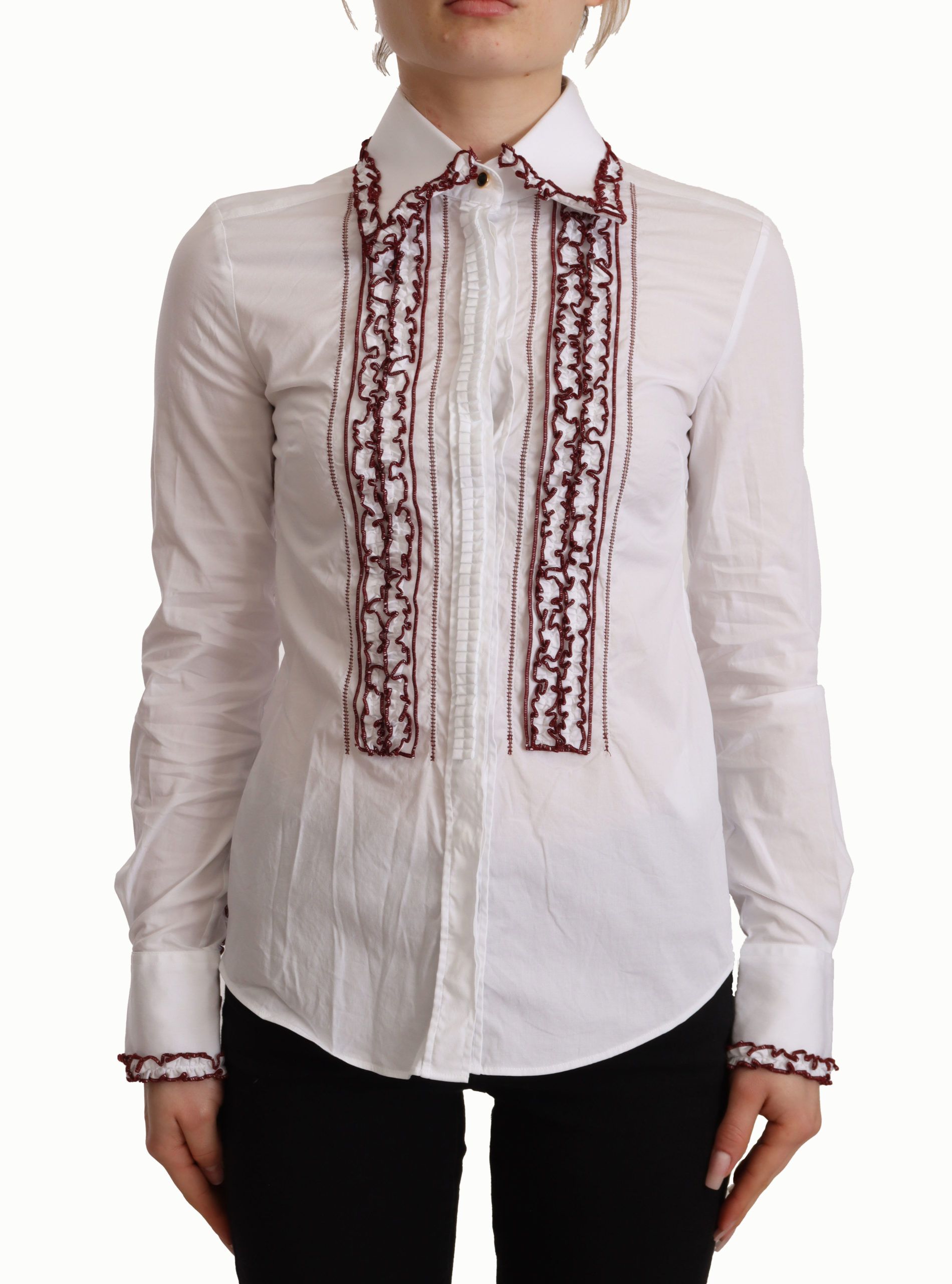 Dolce Gabbana White Cotton Lace Long Sleeves Ruffle Collar Top Shirt IT36