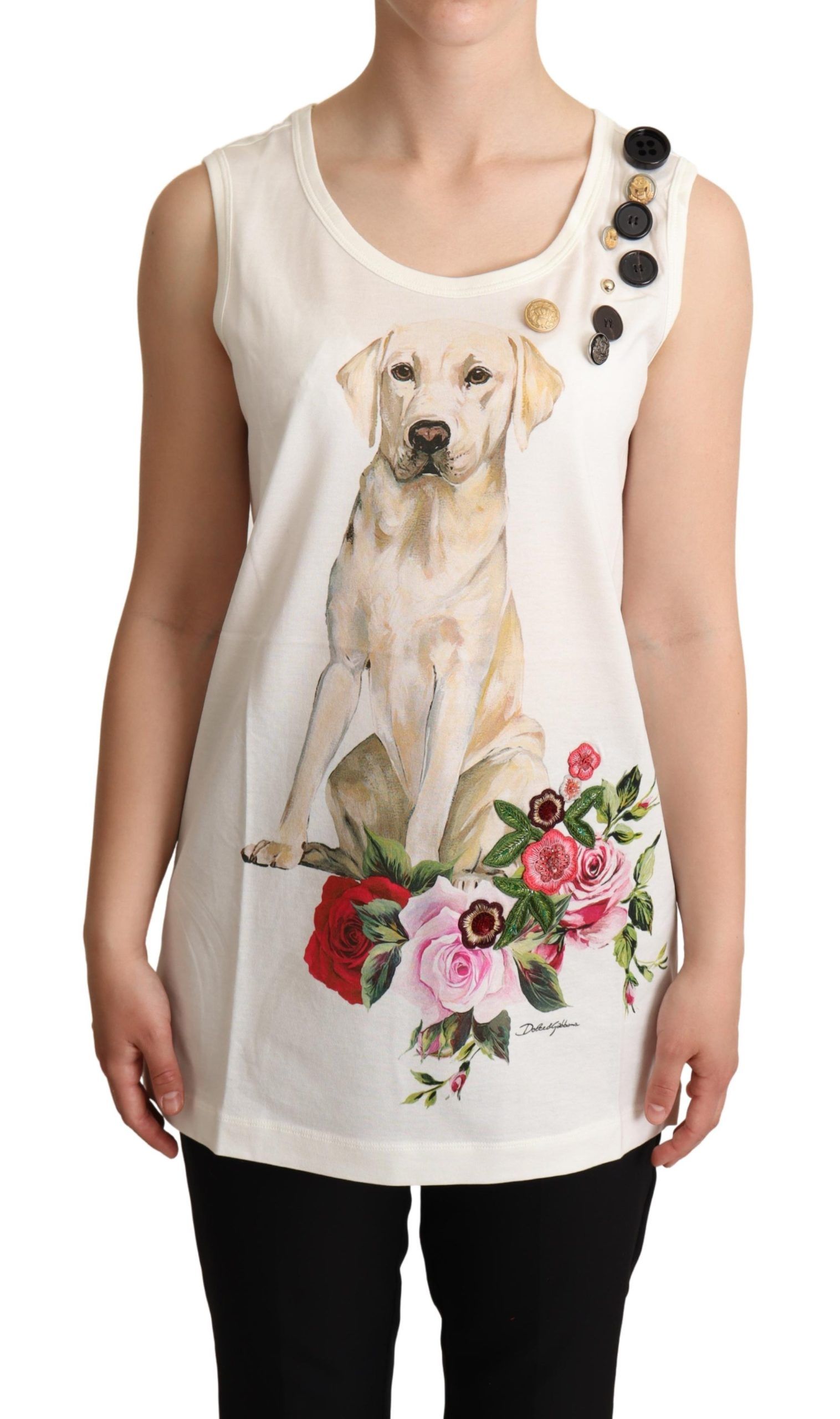 Dolce &amp; Gabbana Dolce & Gabbana White Dog Floral Print Embellished T-shirt IT38