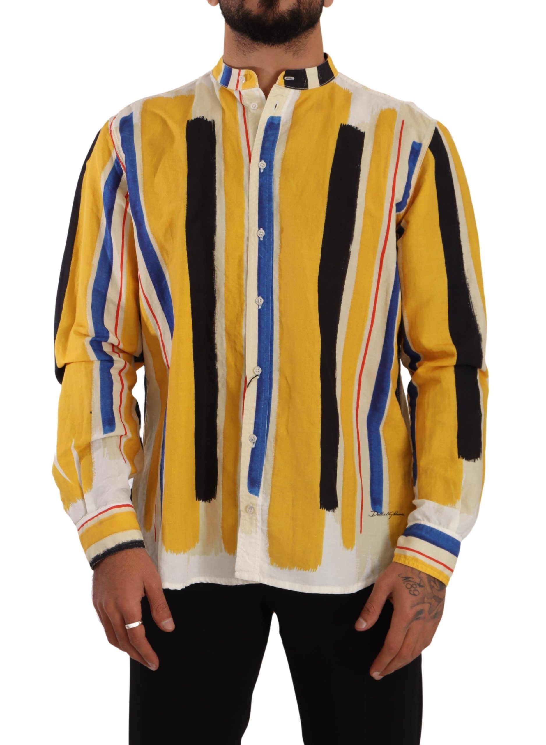 Yellow Dolce & Gabbana Yellow Striped Henley Linen Cotton Shirt