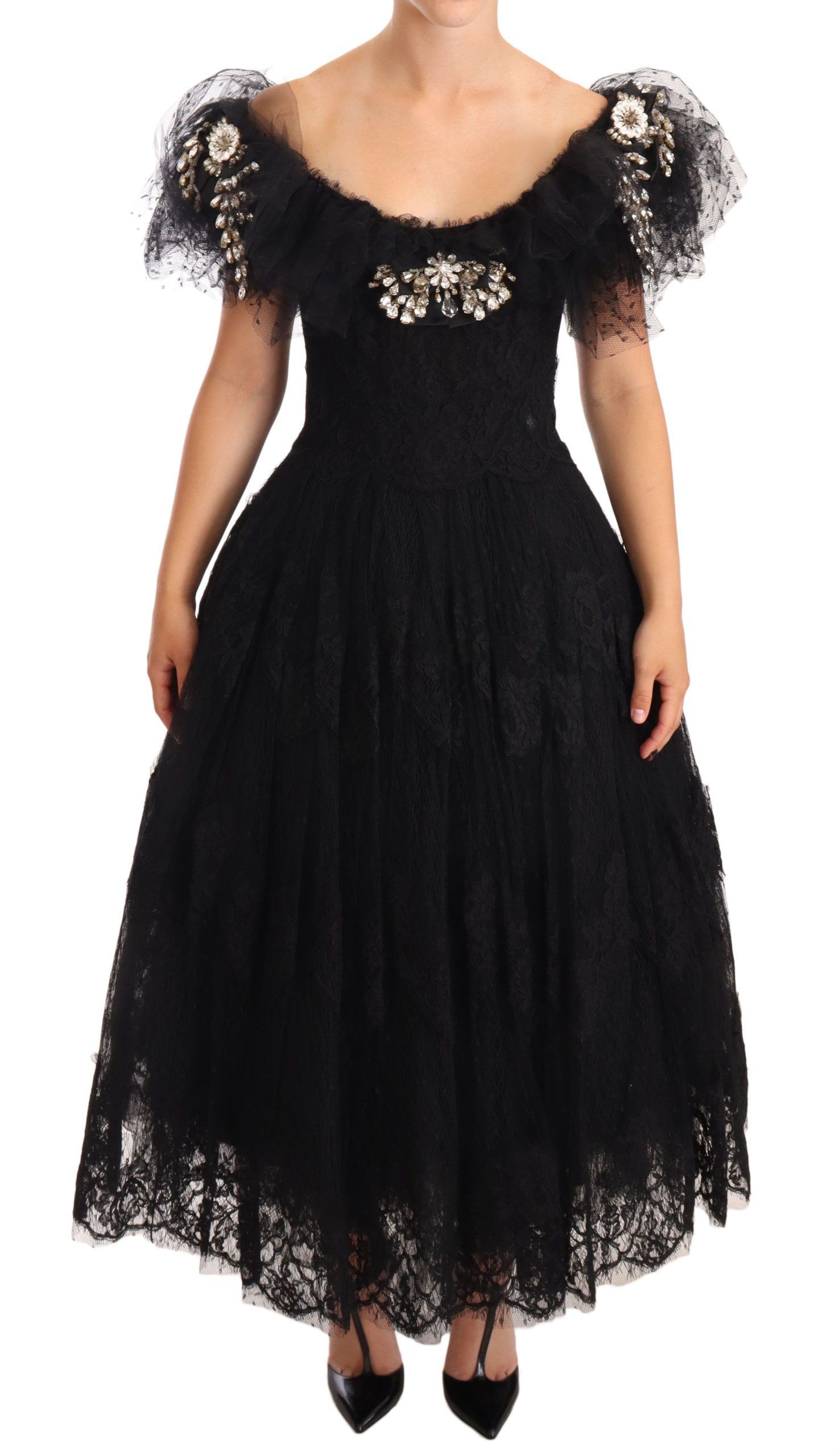 Black Dolce & Gabbana Black Floral Lace Crystal Ball Gown Dress
