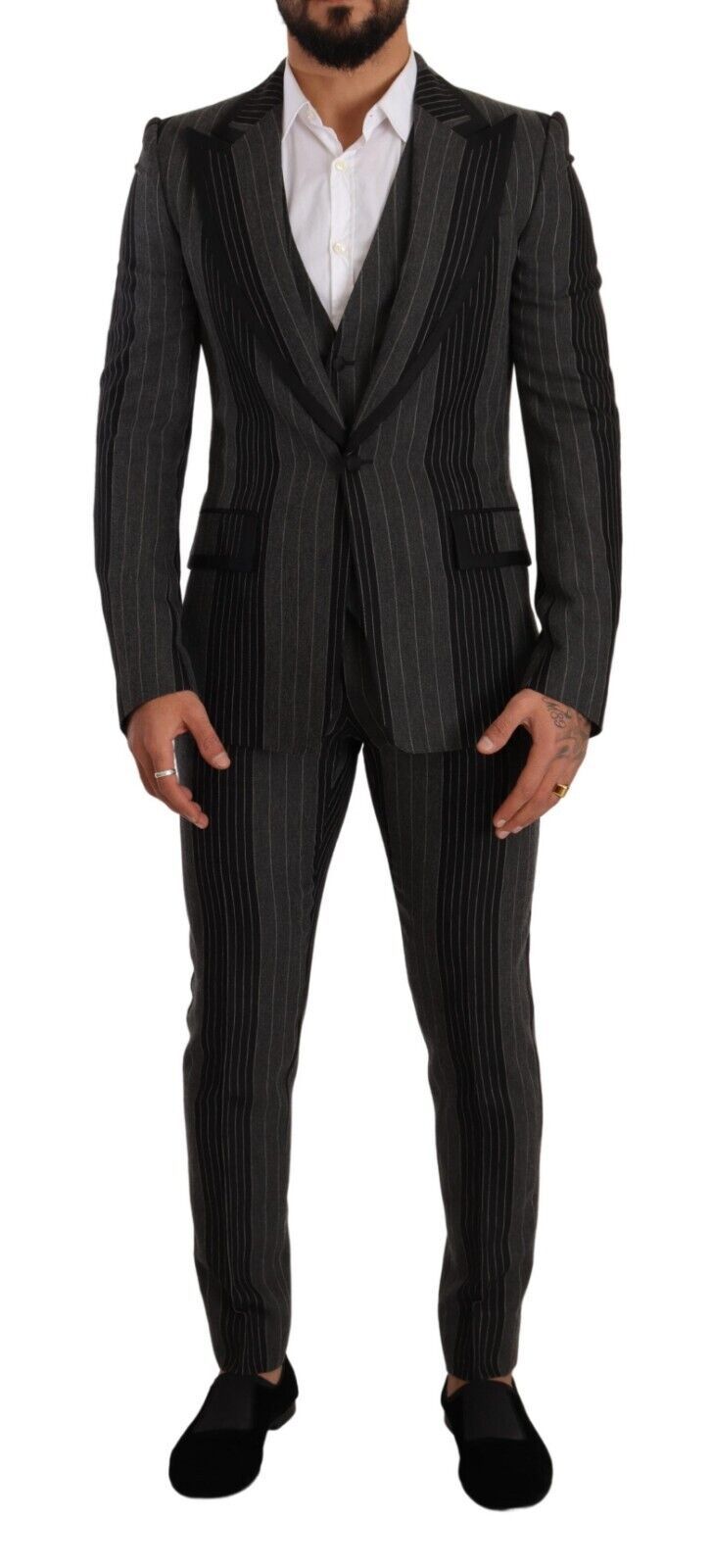 Black and Gray Dolce & Gabbana Black Gray Striped Slim Fit 3 Piece Suit