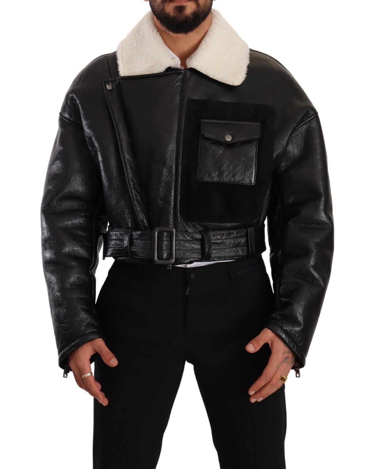 Black Dolce & Gabbana Black Leather Shearling Biker Coat Jacket
