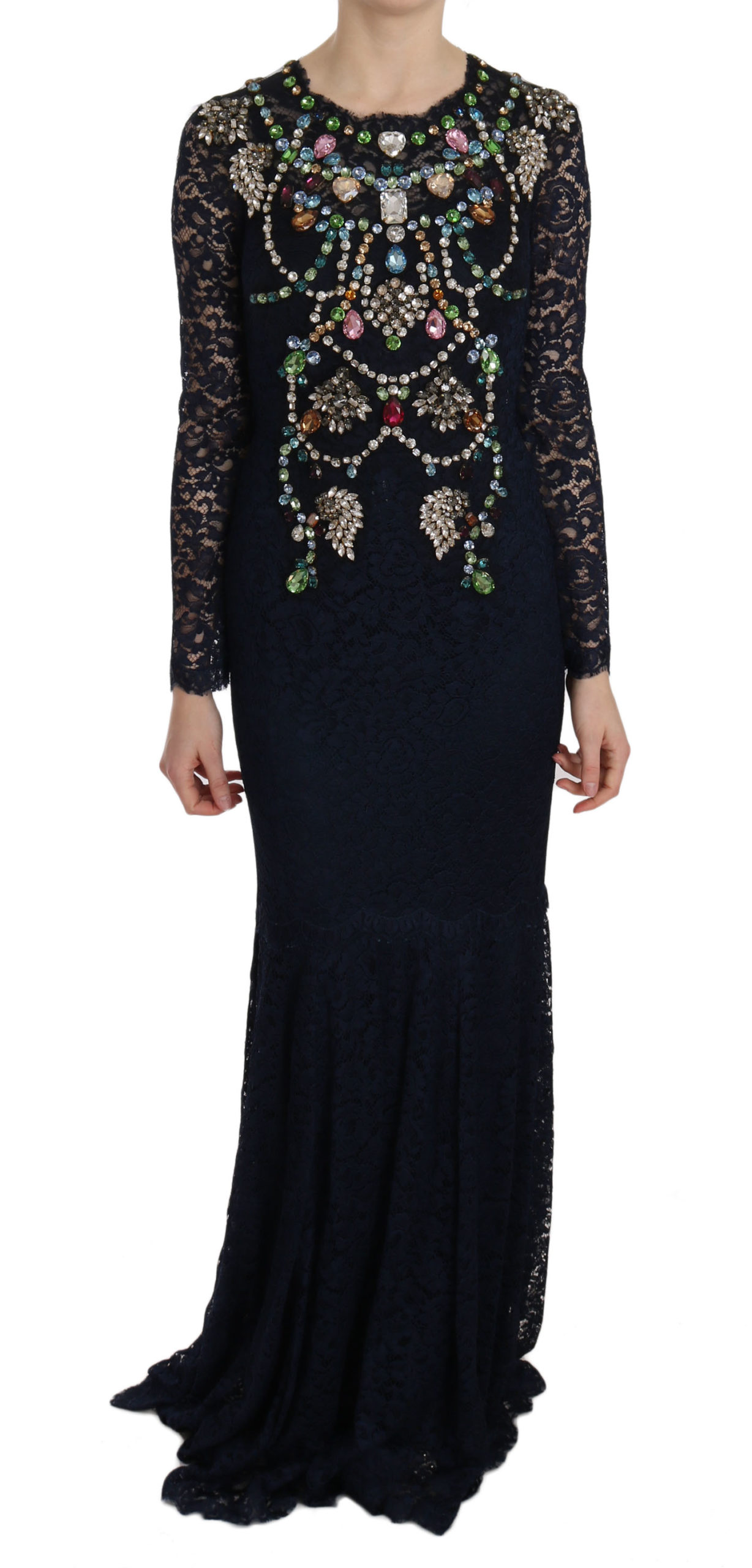 Blue Dolce & Gabbana Blue Crystal Floral Lace Long Gown Dress