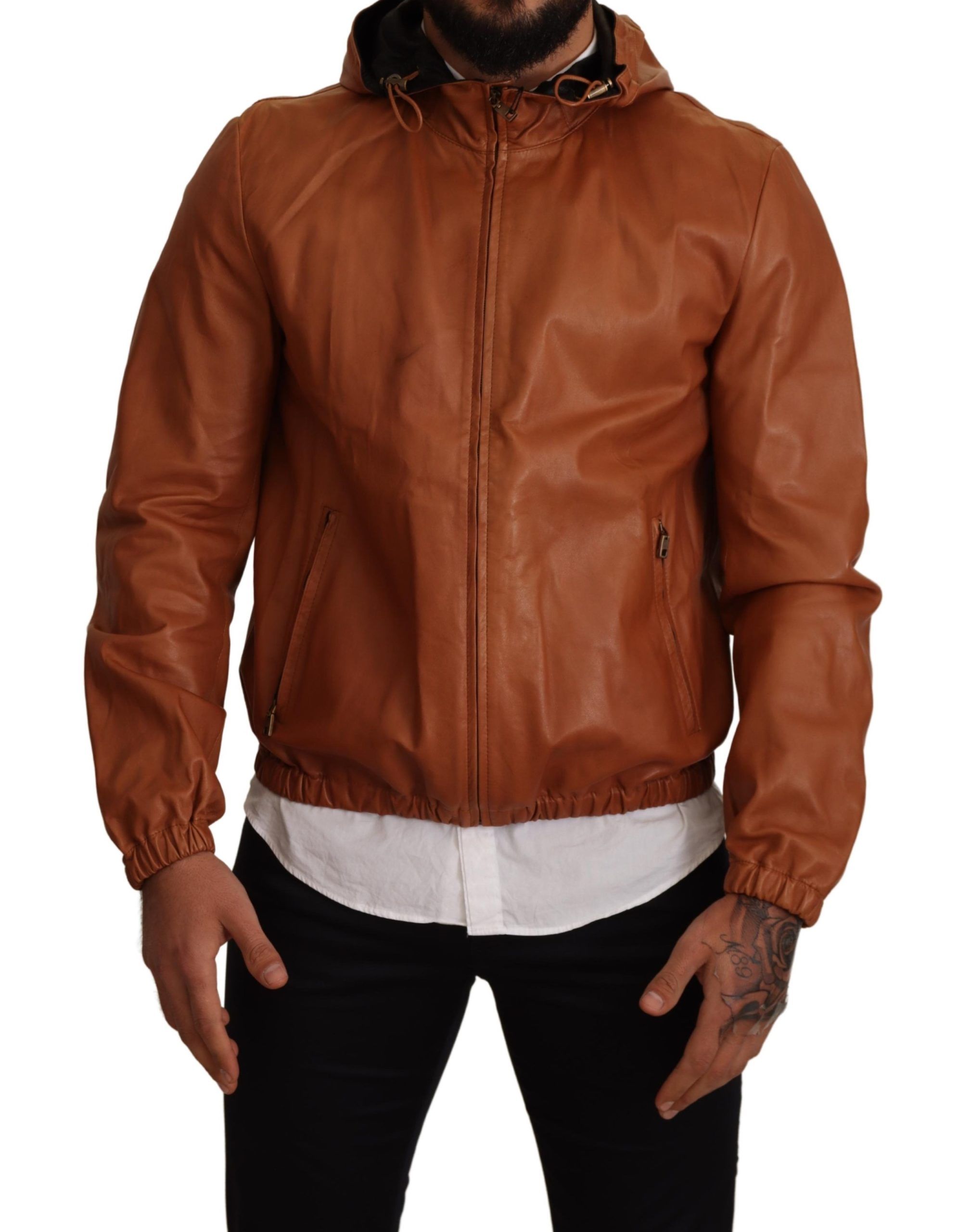 Brown Dolce & Gabbana Brown Leather Lambskin Hooded Coat Jacket