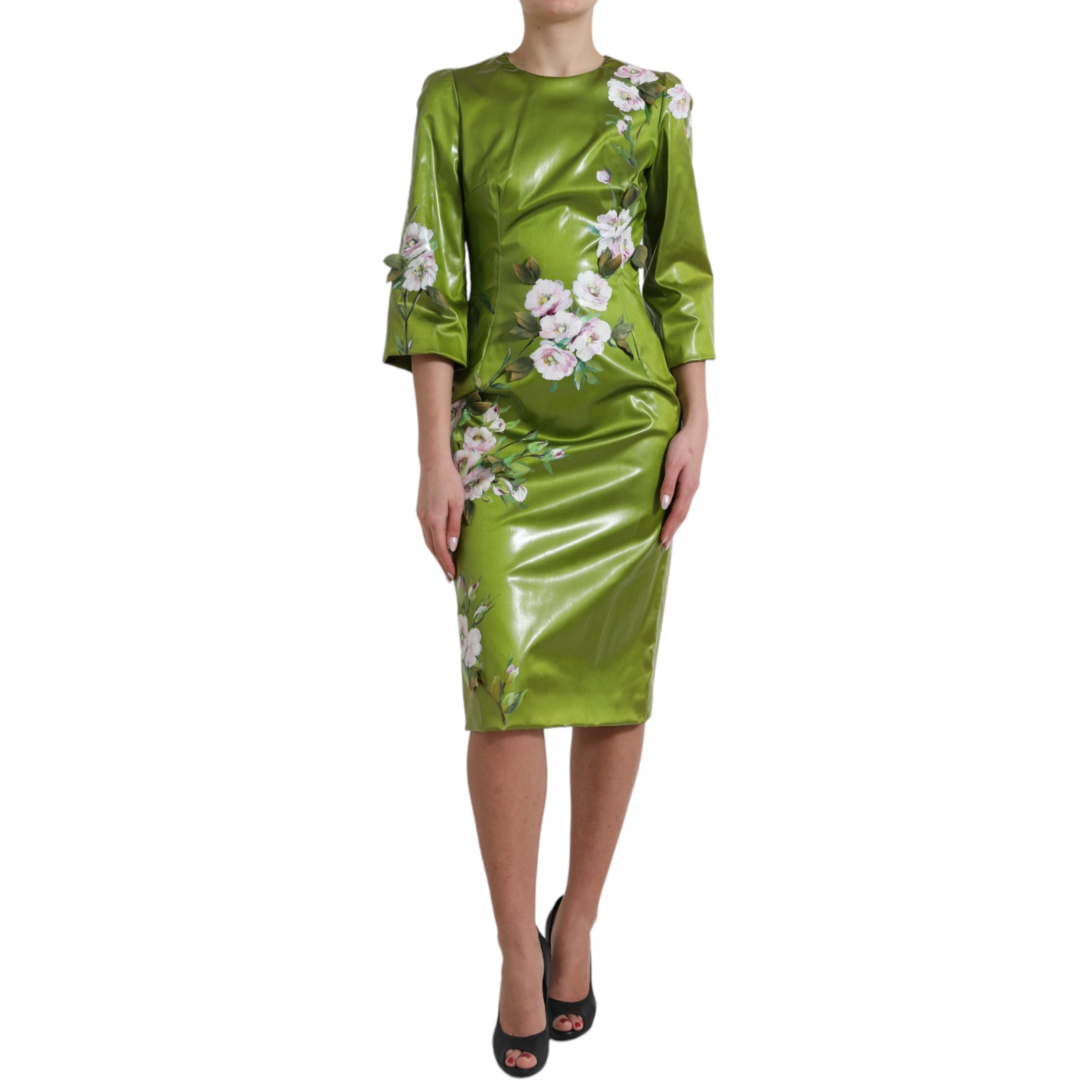Green Dolce & Gabbana Green Floral Embellished Sheath Midi Dress