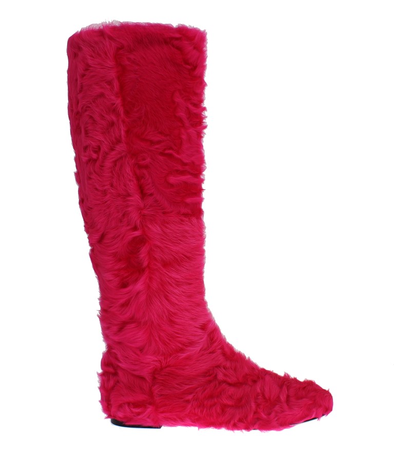 Pink Dolce & Gabbana Pink Lamb Fur Leather Flat Boots