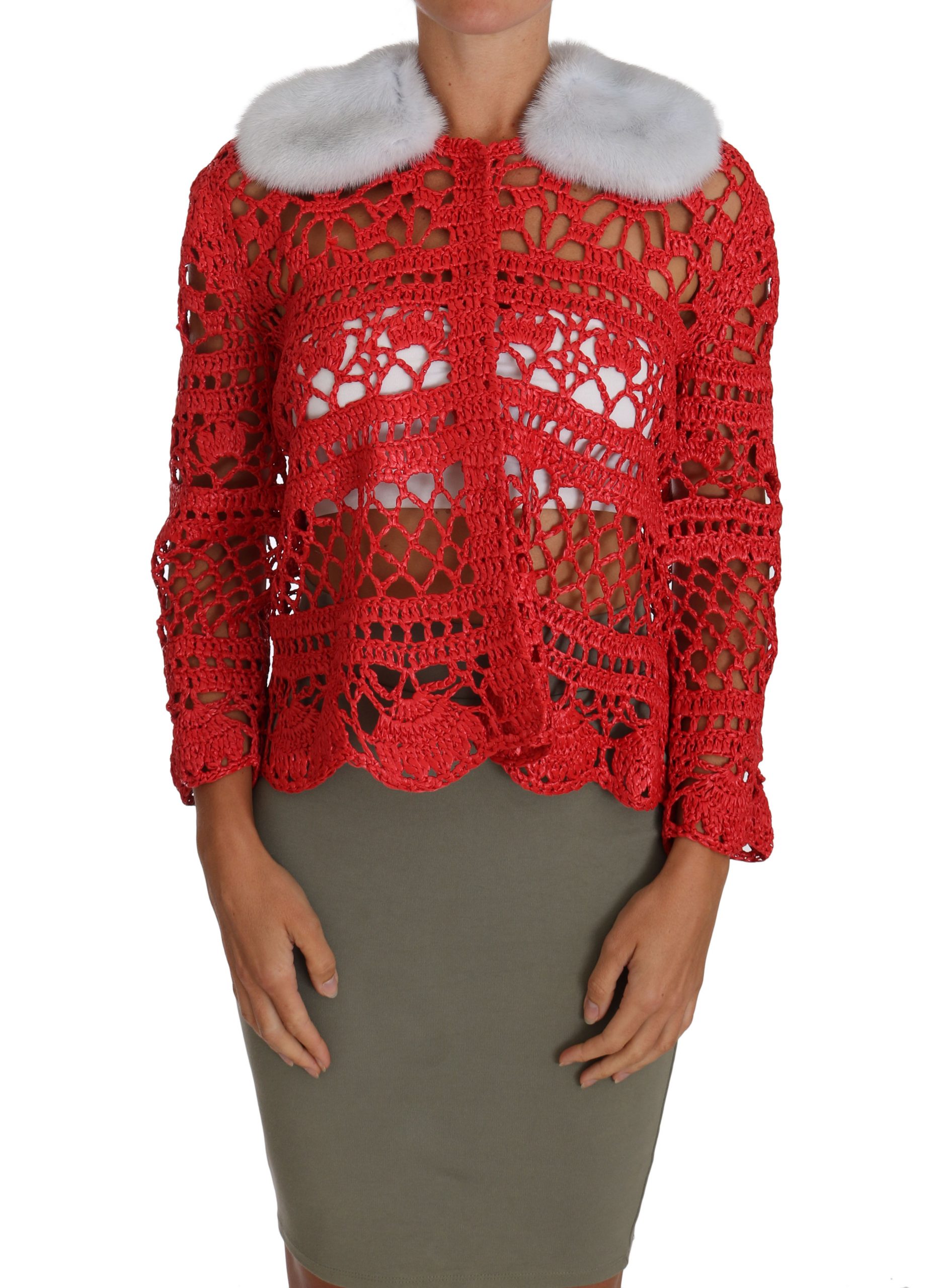 Red Dolce & Gabbana Red Cardigan Crochet Knit Raffia Sweater
