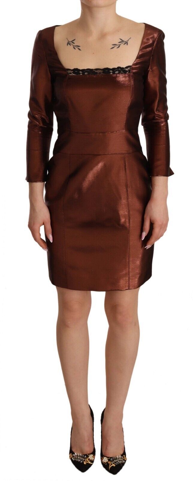 Bronze GF Ferre Metallic Brown Long Sleeves Square Neck Sheath Dress