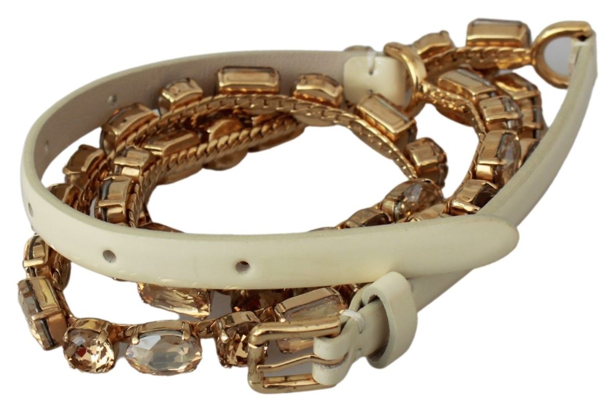 Dolce Gabbana White Leather Crystals Waist Belt 95 cm 38 Inches