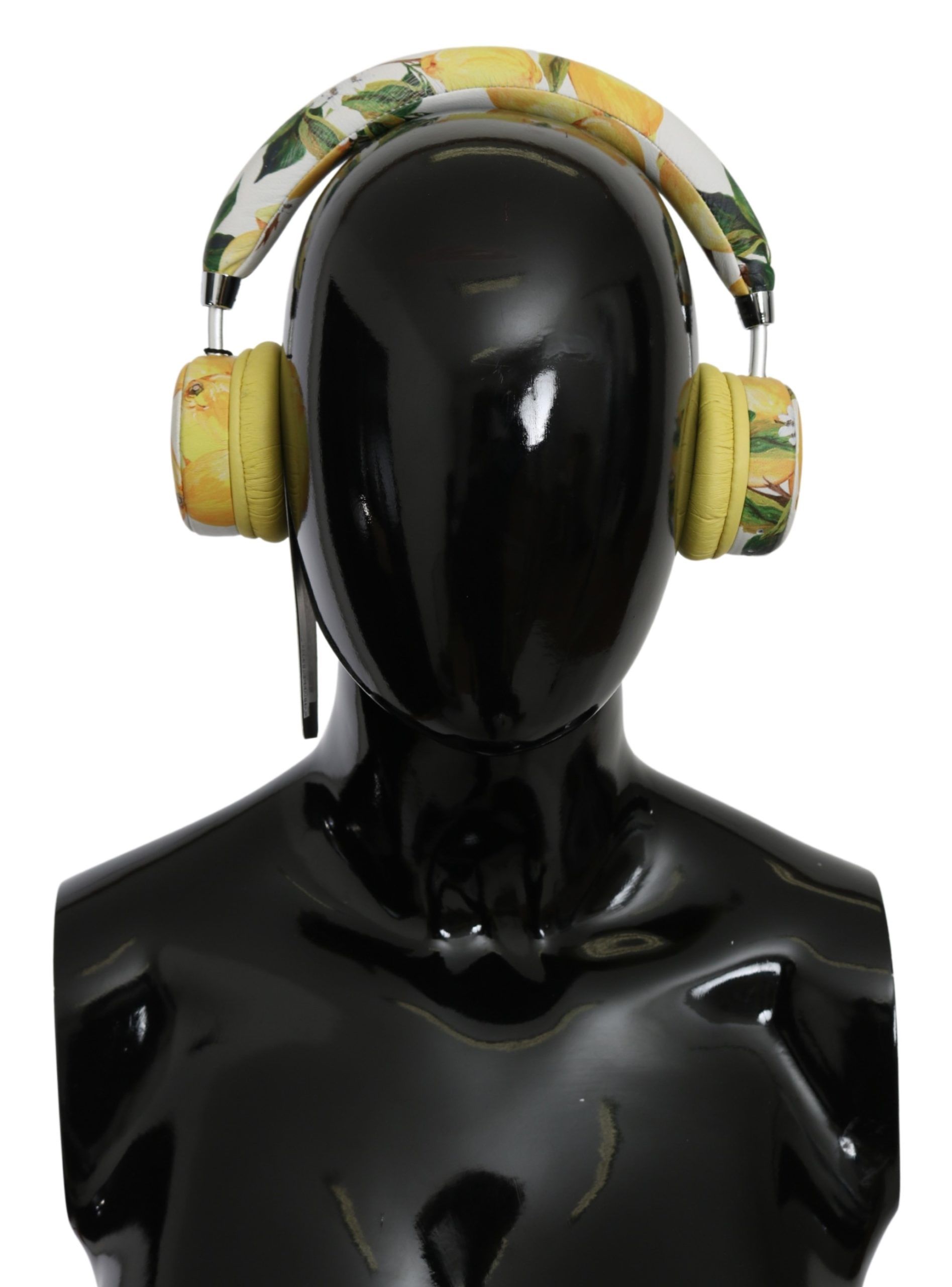 White Dolce & Gabbana Chic White Leather Headphones with Yellow Print
