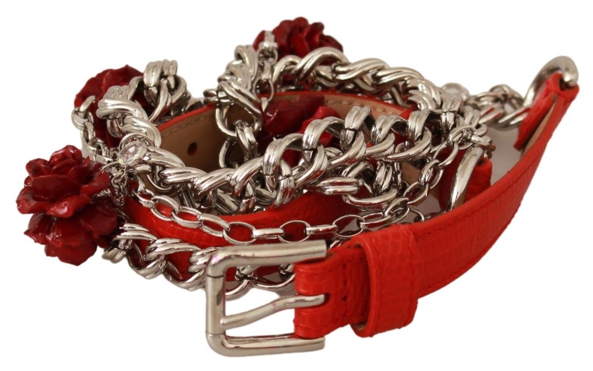 Dolce Gabbana Red Leather Roses Floral Silver Waist Belt 80 cm 32 Inches