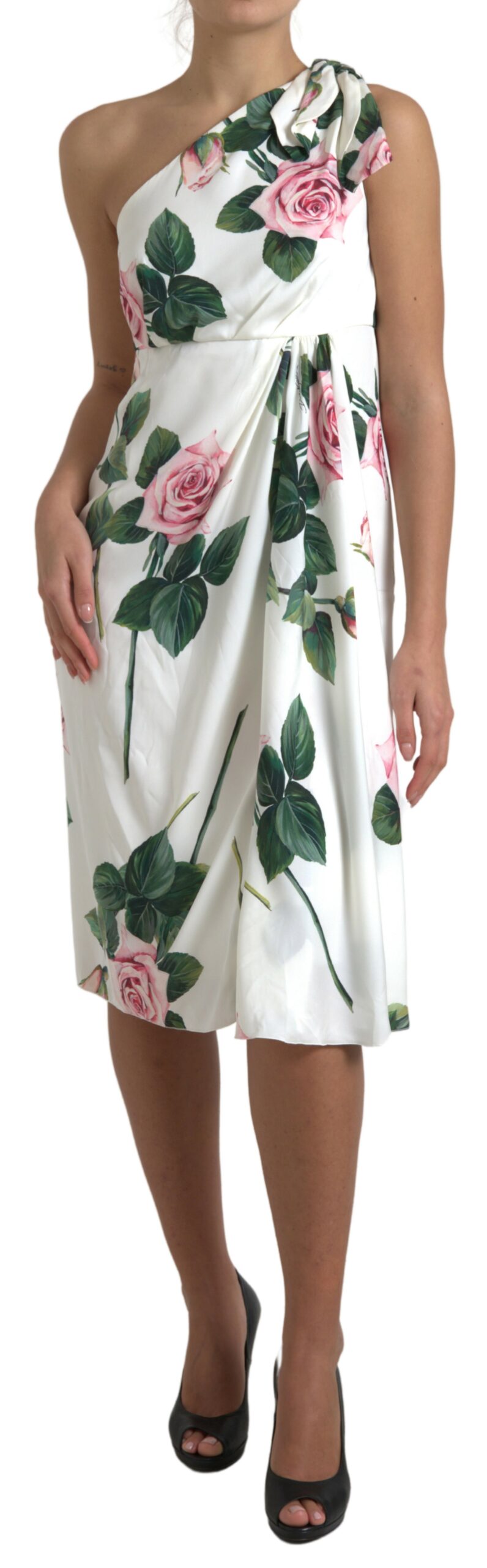 White Dolce & Gabbana Elegant One-Shoulder Floral Midi Dress IT42|M