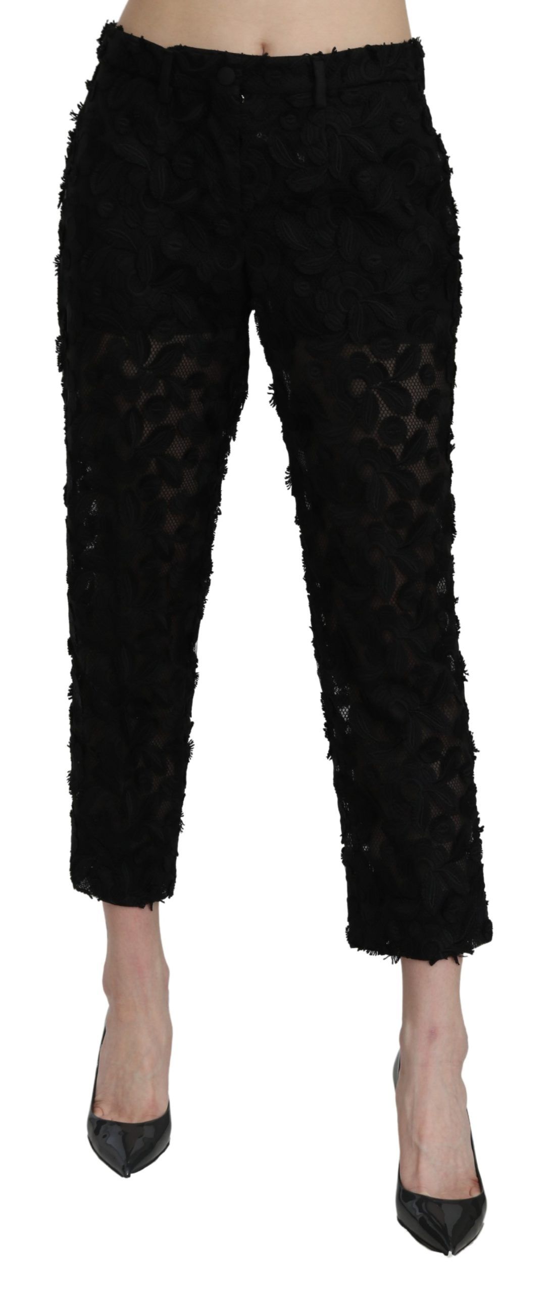 Black Dolce & Gabbana Elegant Straight Cropped Lace Trousers IT42|M