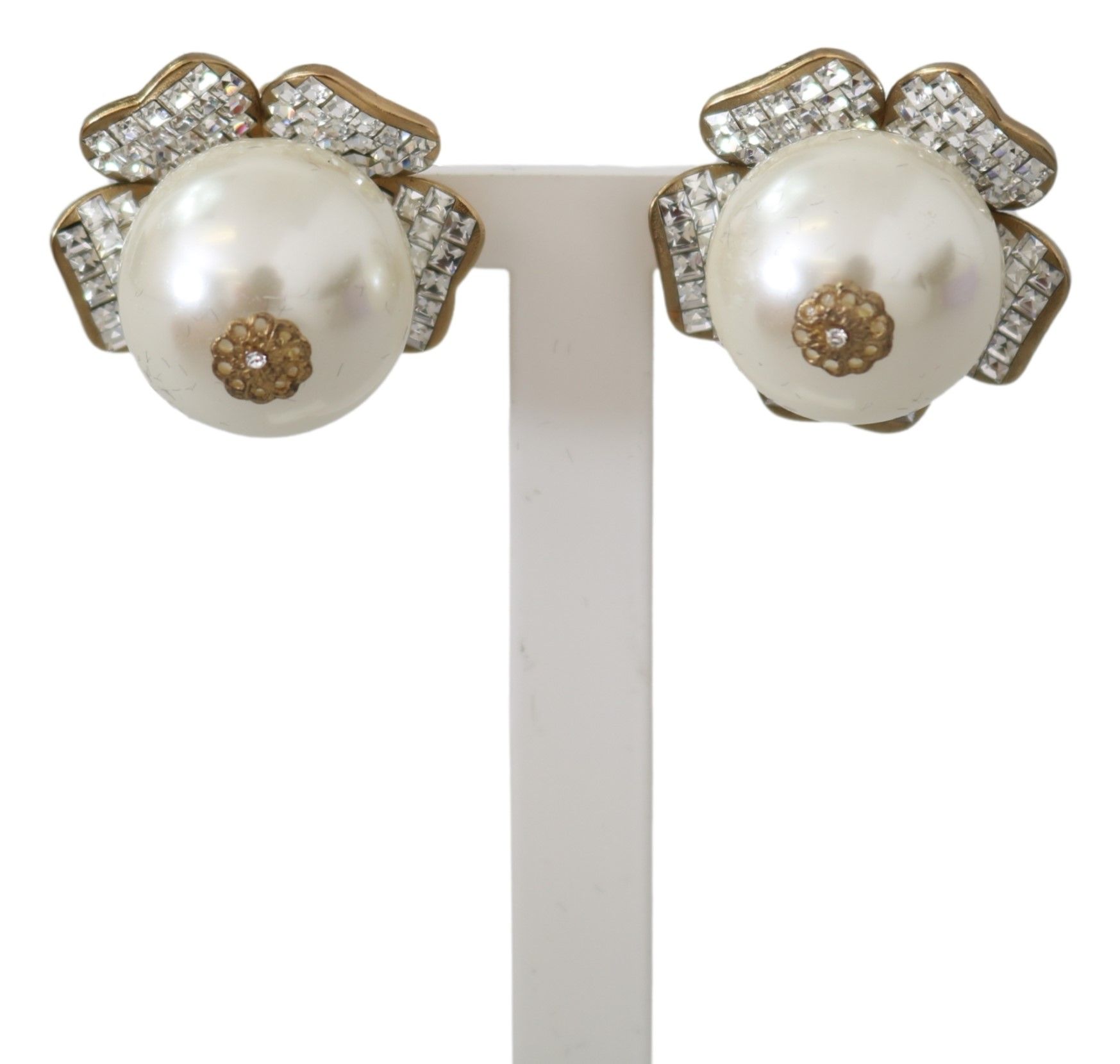 Gold Dolce & Gabbana Floral Crystal-Pearl Clip-On Earrings