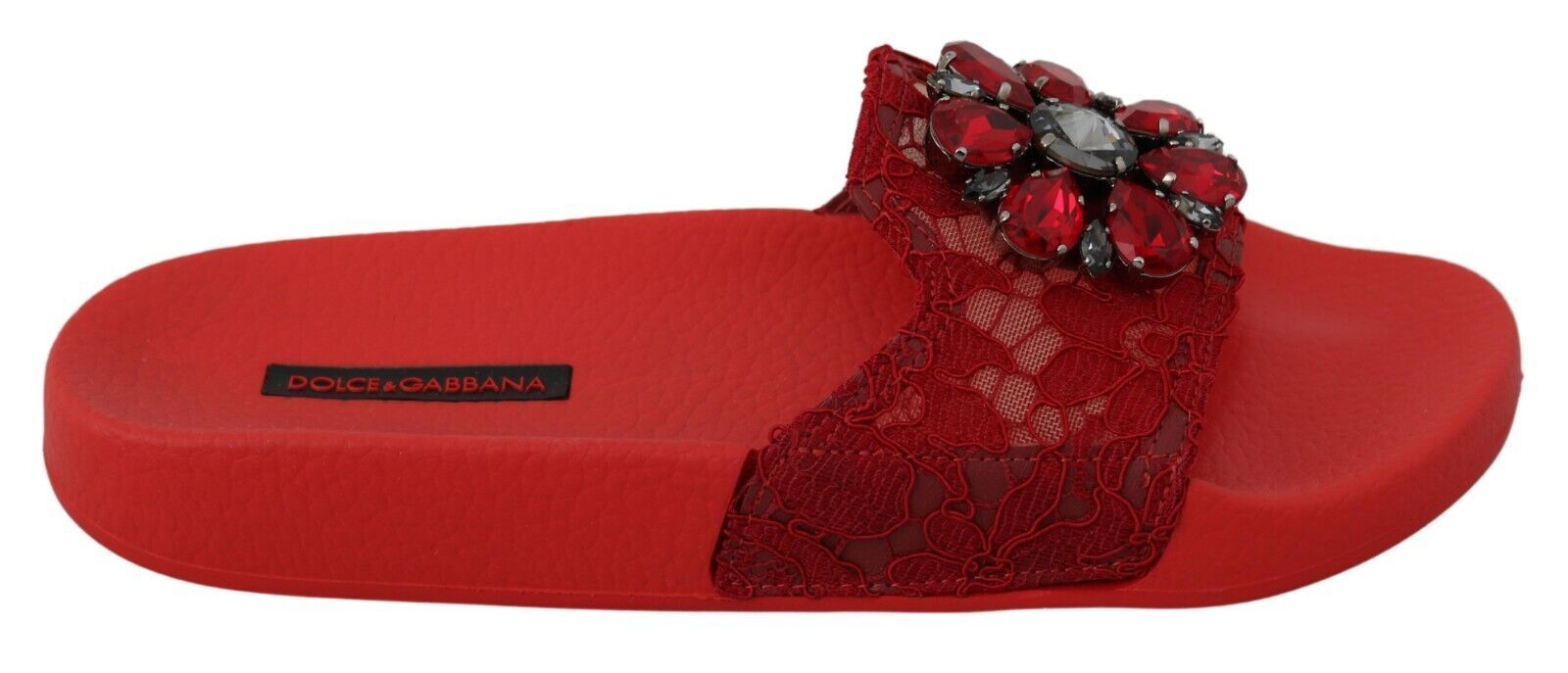 Red Dolce & Gabbana Floral Lace Crystal-Embellished Slide Flats EU36/US5.5
