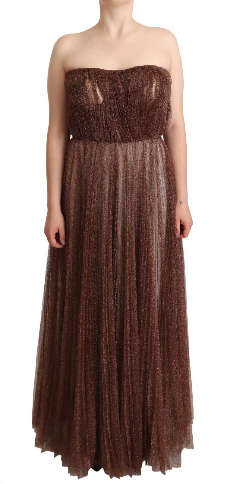 Bronze Dolce & Gabbana Metallic Bronze Polyester Maxi Gown Dress IT46|XL